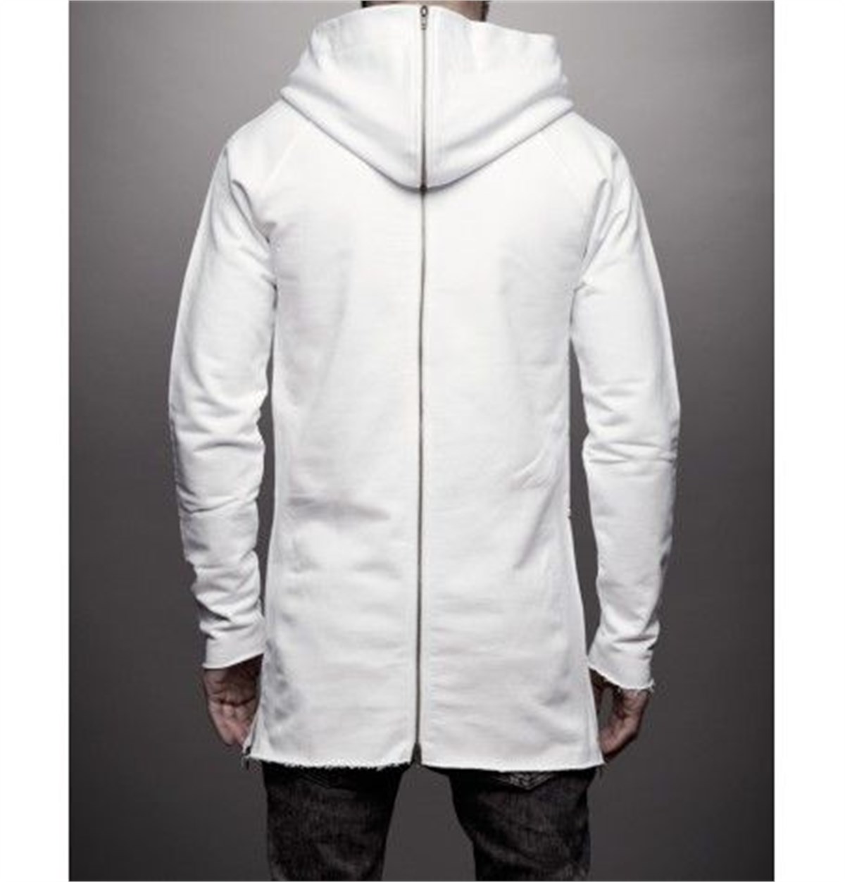 Arkası Fermuarlı Longline Kapüşonlu Sw. Beyaz