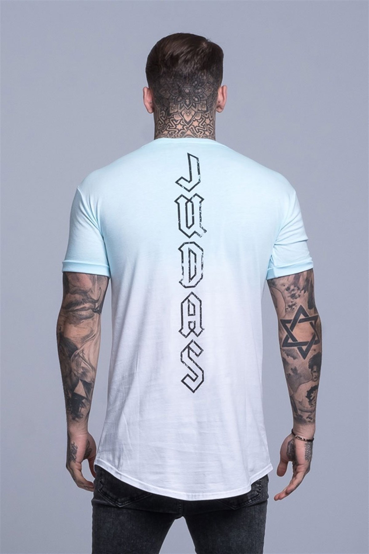 Arkası Judas Baskılı  Yıkamalı Geçişli  T Shirt Turkuaz