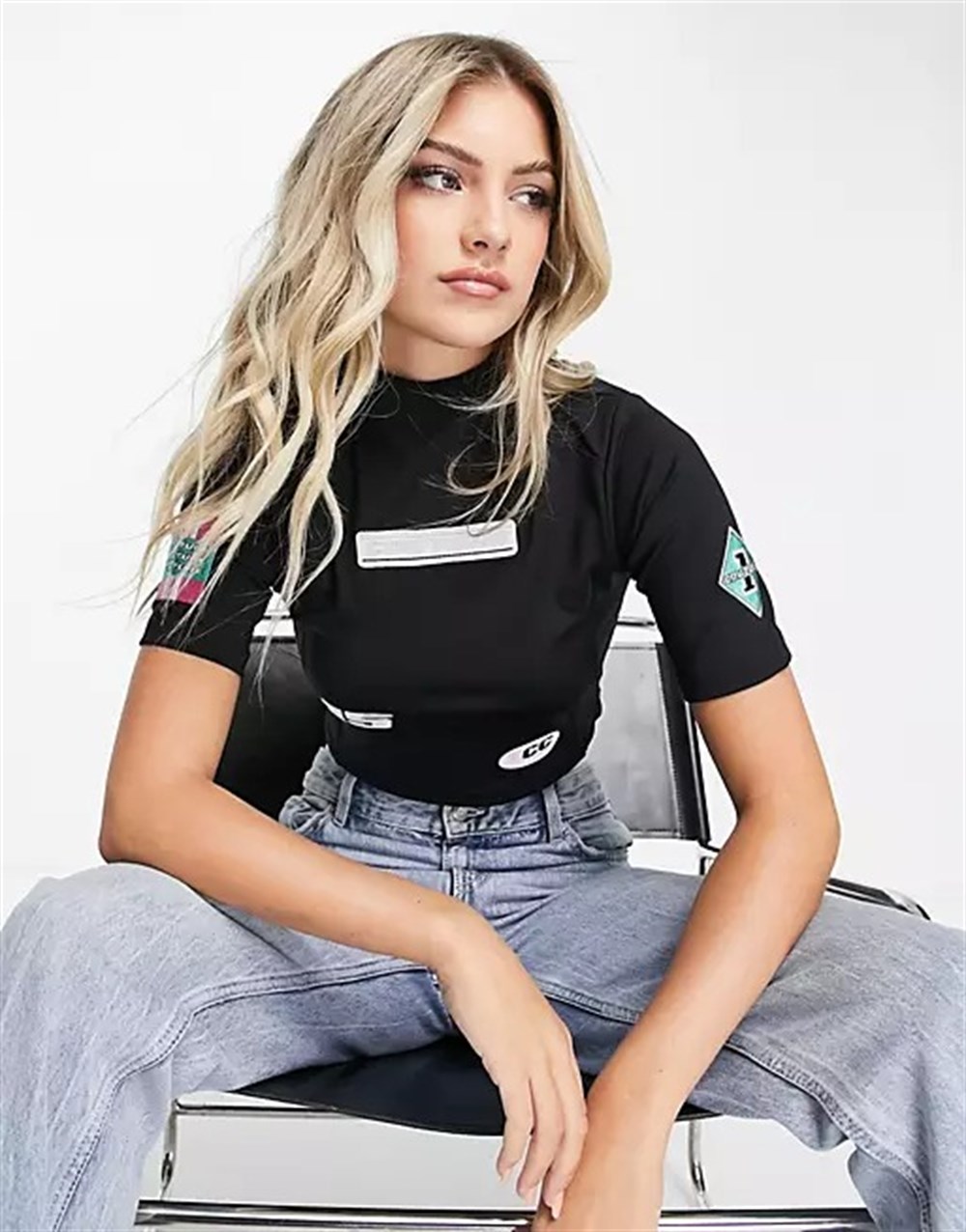 Baskılı Spor  Crop Tshirt-Siyah