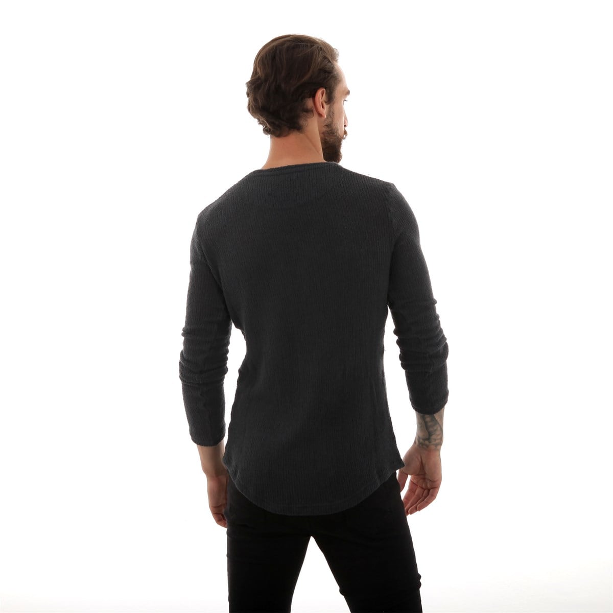 Bisiklet Yaka  Long Triko Sweat Gri