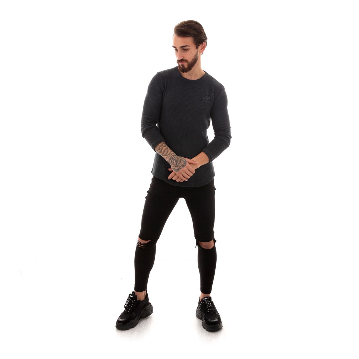 Bisiklet Yaka  Long Triko Sweat Gri