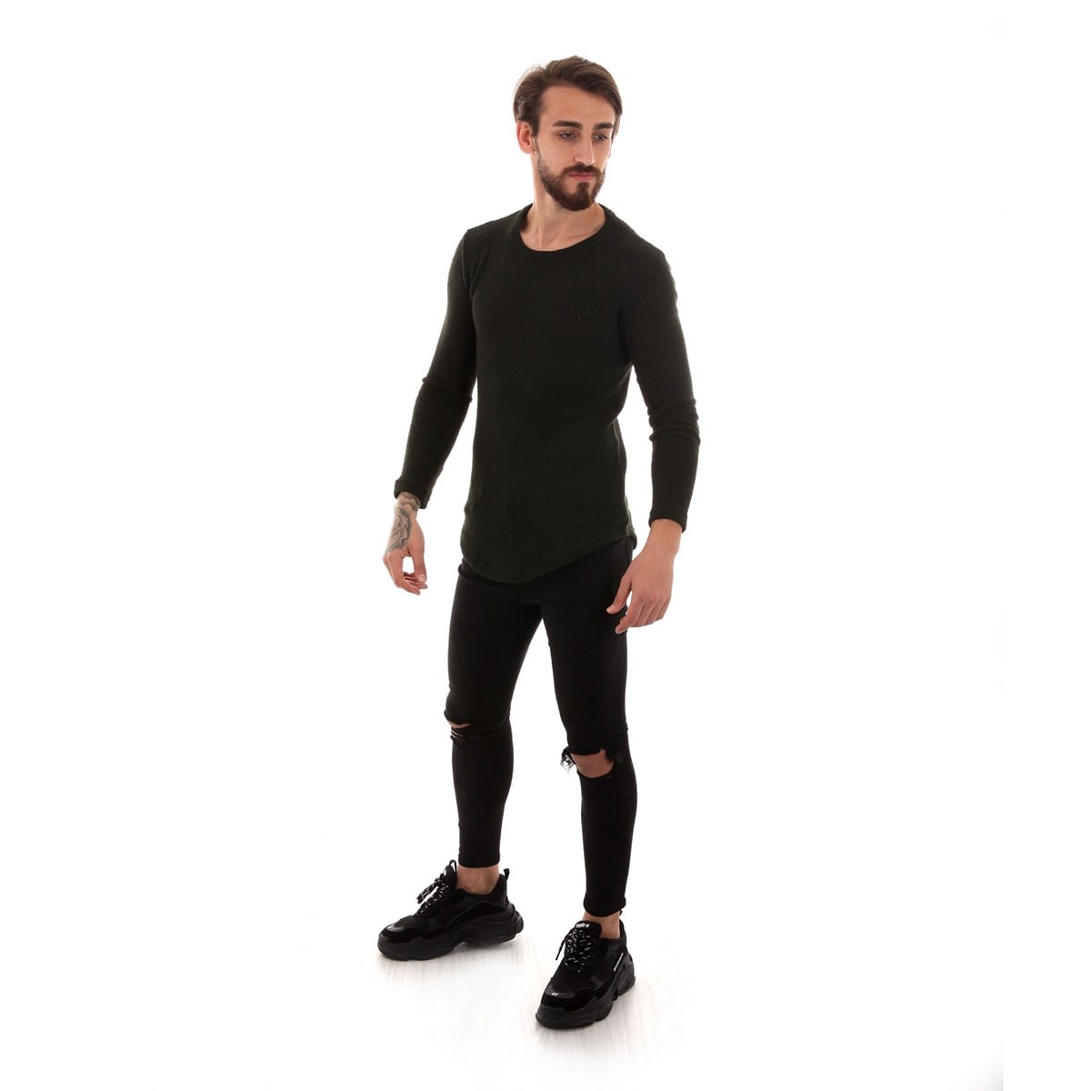 Bisiklet Yaka  Long Triko Sweat Haki