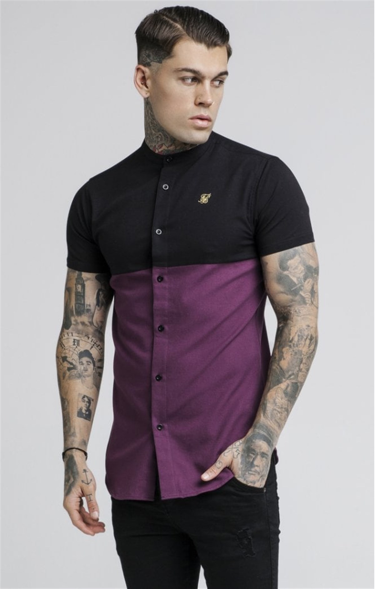 Çift Renk HAkim Yaka  Gömlek S/S Siyah-Bordo
