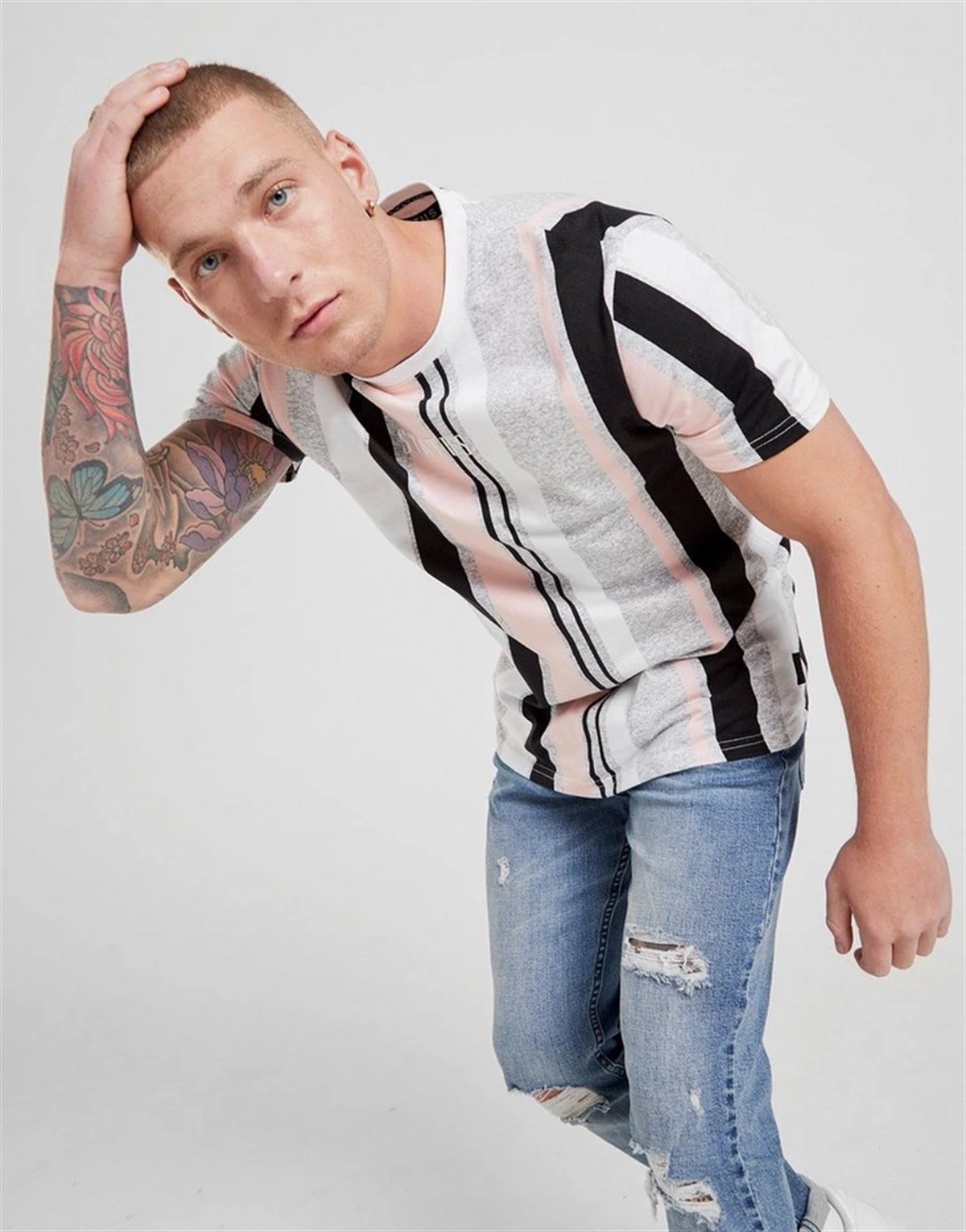 Dikey Çizgili  T Shirt Pembe