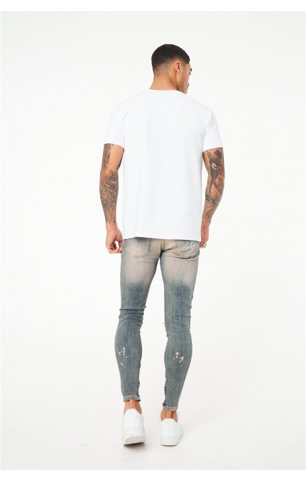 Dizleri Biker Eskitme Jean Mavi