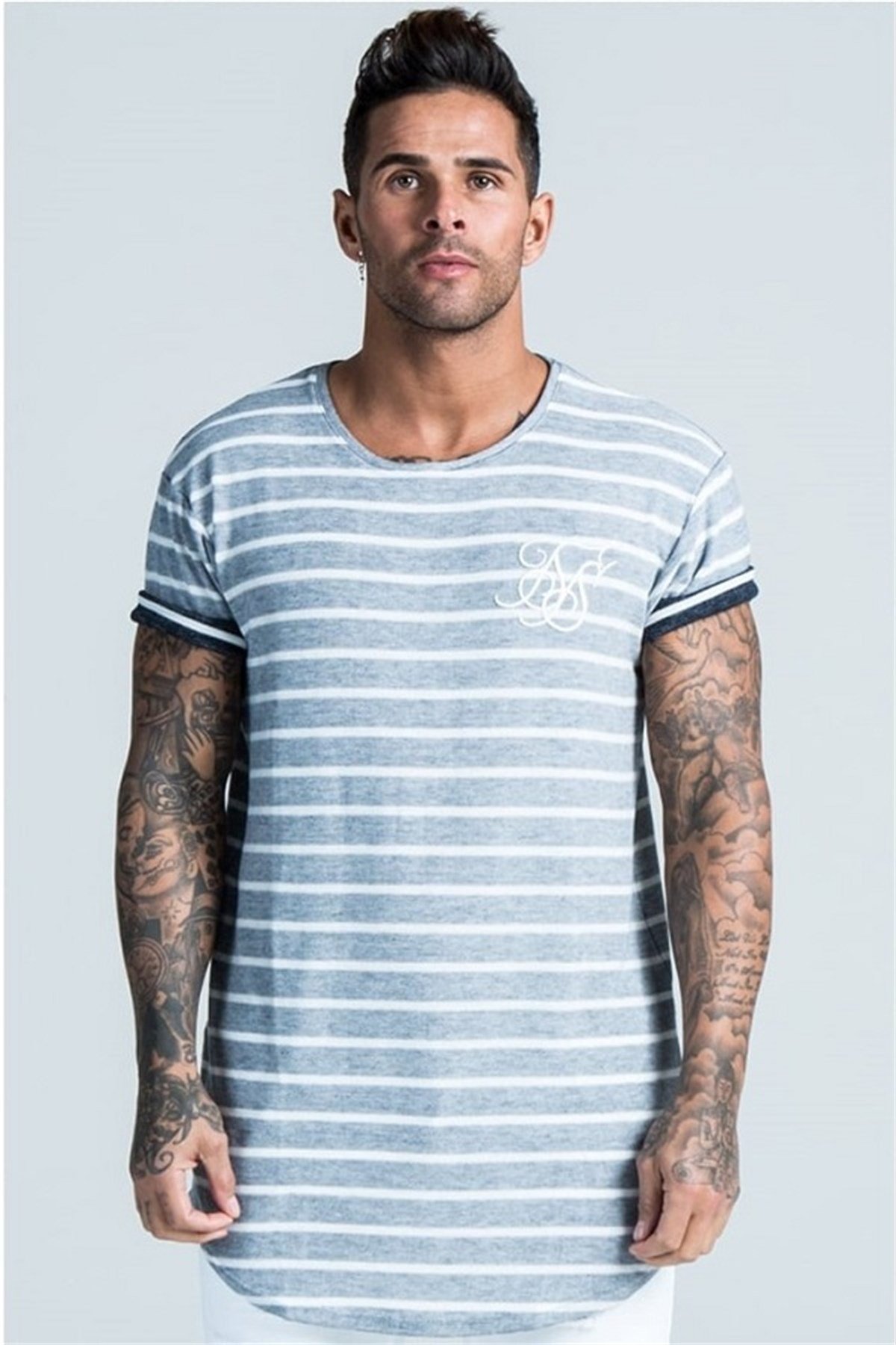 Enine Kalın Çizgili Long T-Shirt Gri