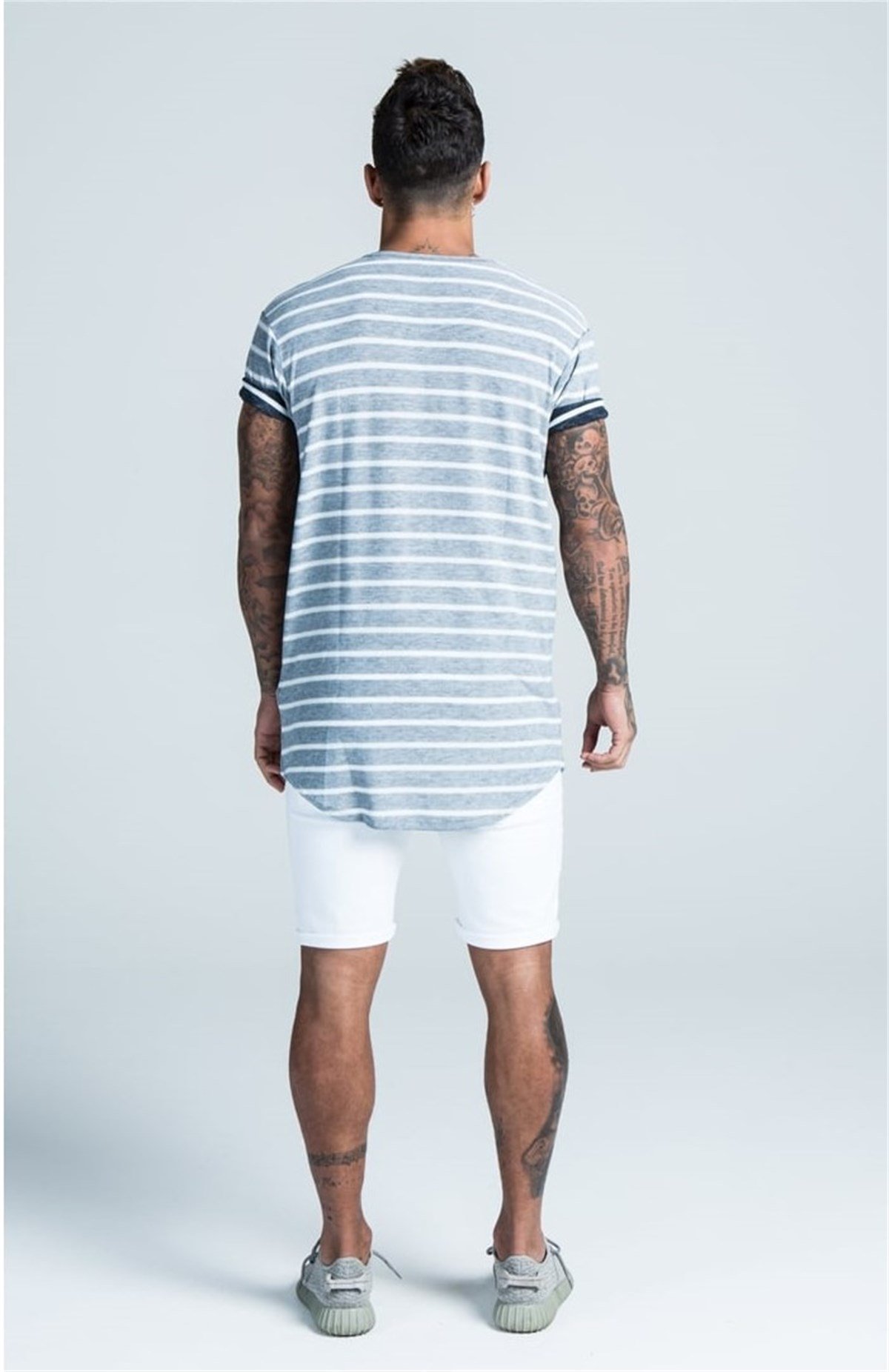 Enine Kalın Çizgili Long T-Shirt Gri
