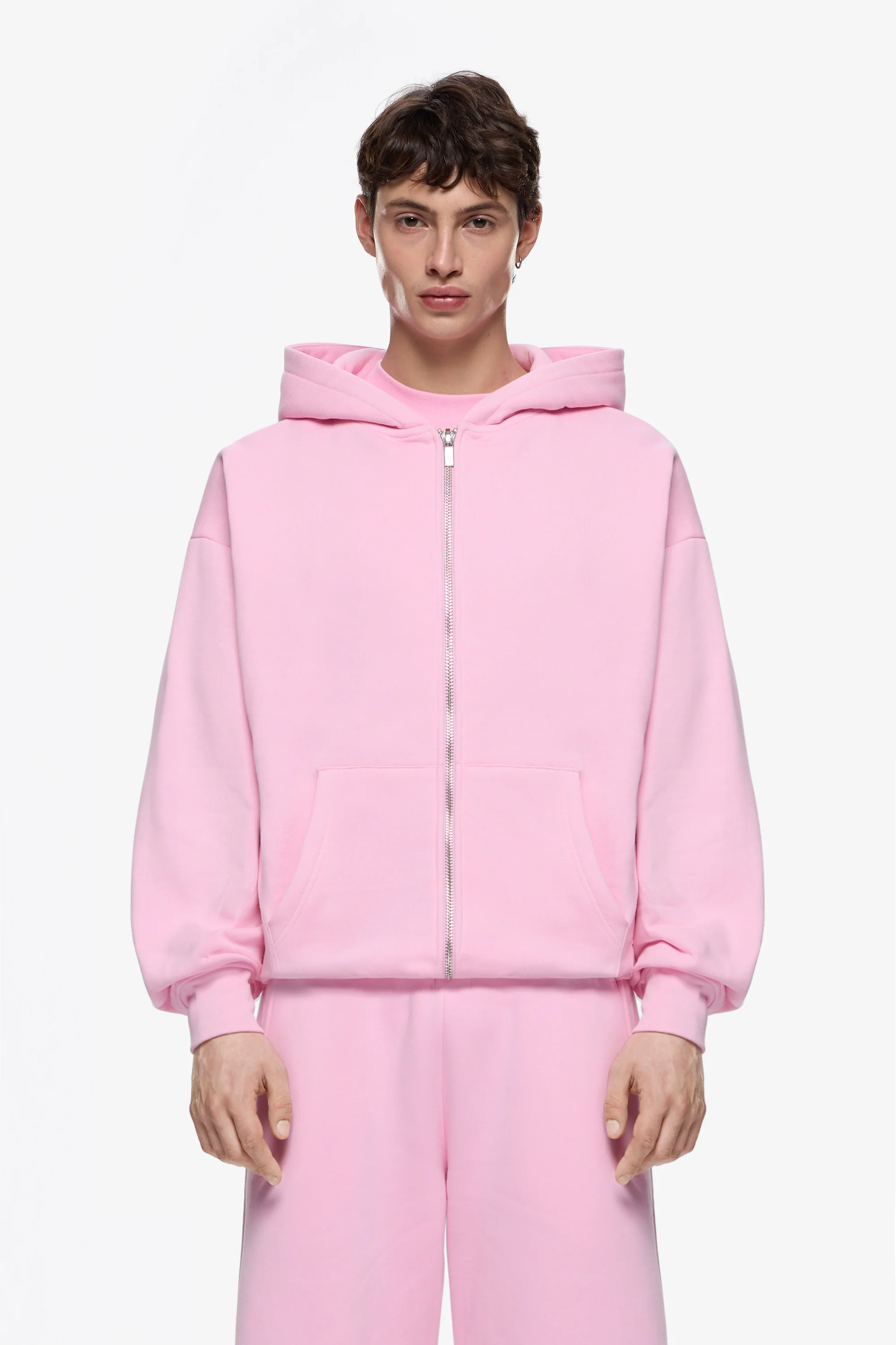 Fermuarlı Kapişonlu Sweat-Pembe