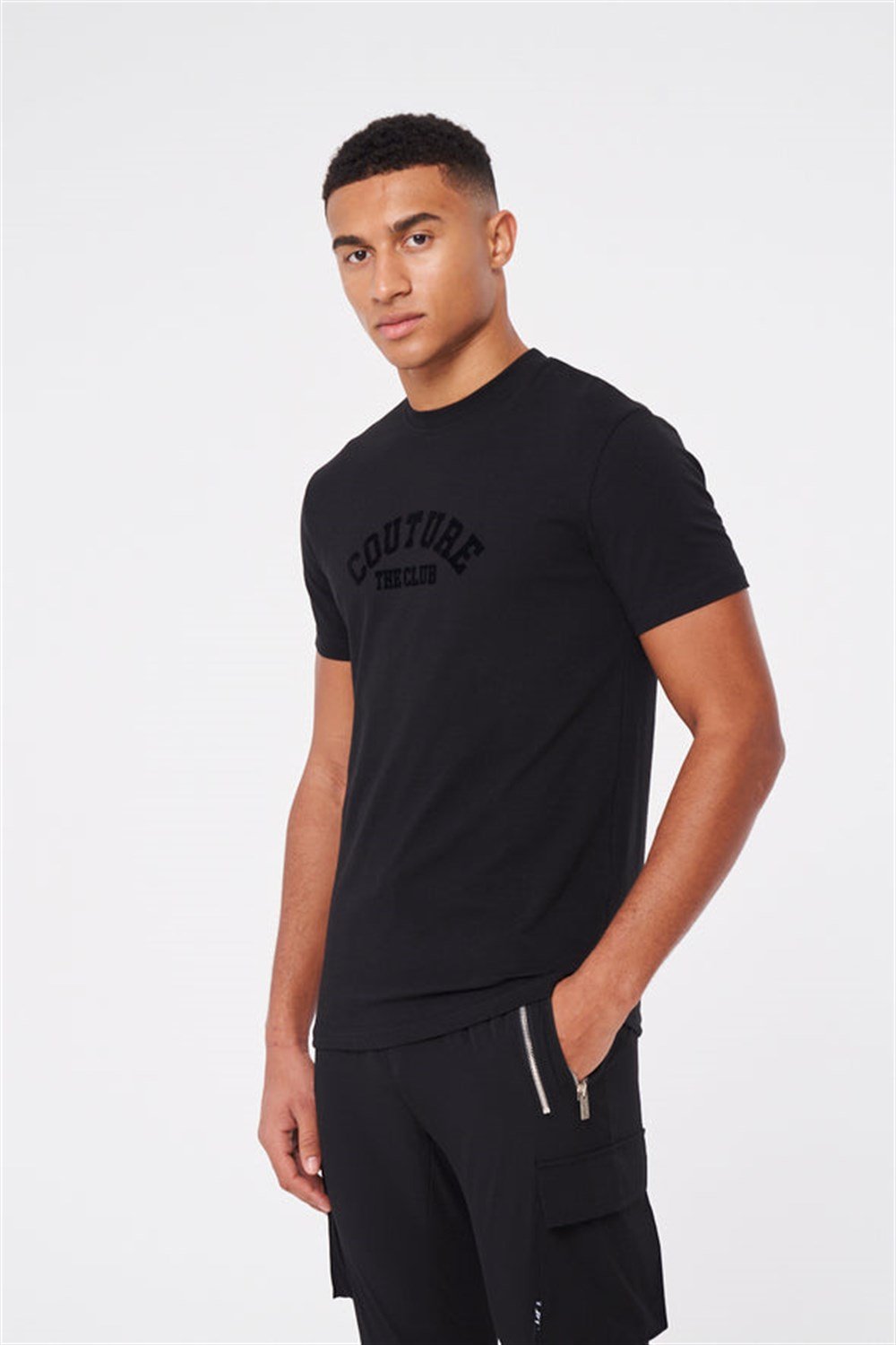 Flock Baskılı  Slim  T shirt Siyah