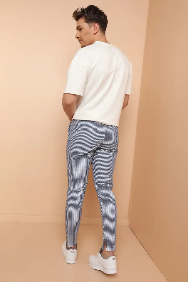 Gofre Çizgili  İpli Eşofman Pantolon-Lacivert-Beyaz