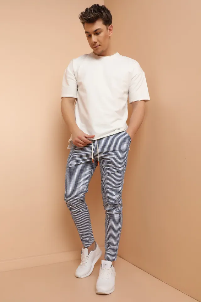 Gofre Çizgili  İpli Eşofman Pantolon-Lacivert-Beyaz