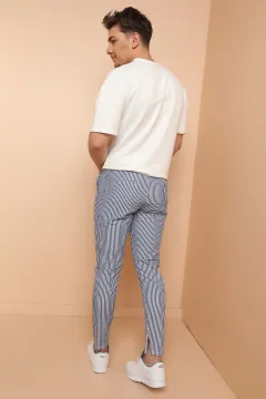 Gofre Çizgili  İpli Eşofman Pantolon-Lacivert-Beyaz