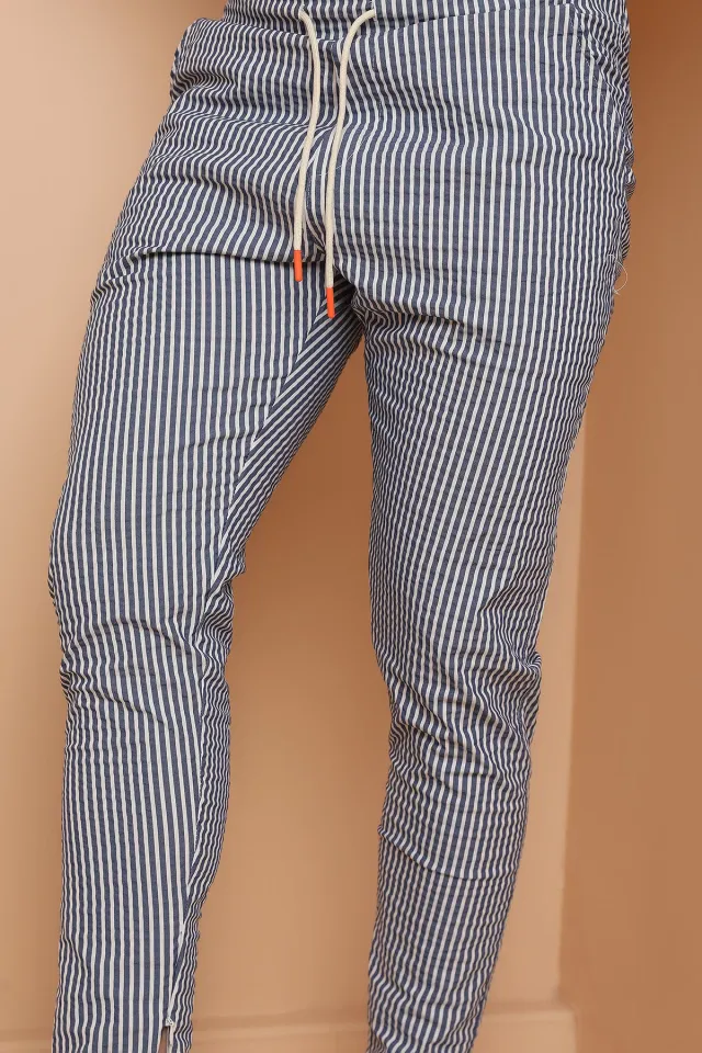 Gofre Çizgili  İpli Eşofman Pantolon-Lacivert-Beyaz