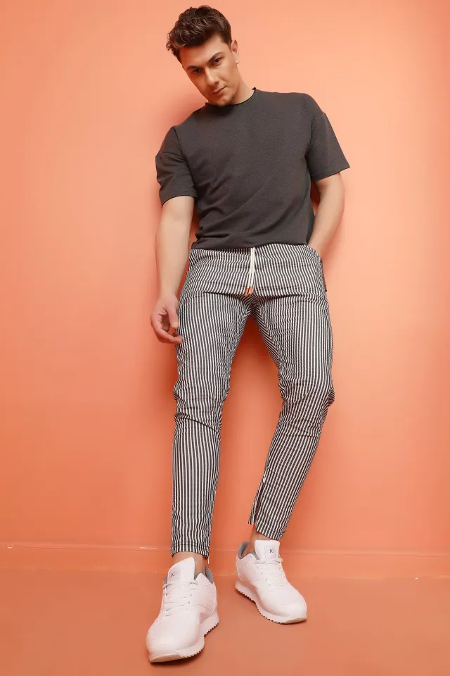 Gofre Çizgili  İpli Eşofman Pantolon-Siyah-Beyaz