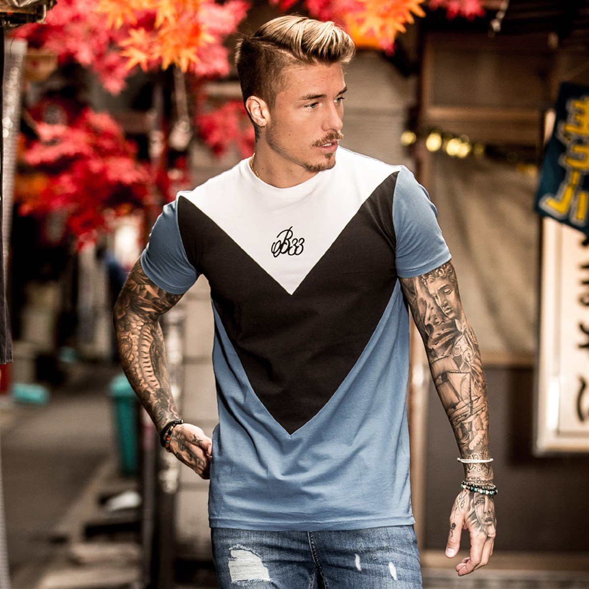 Göğsü Çapraz Şeritli Daigo Long T shırt Siyah-Mavi