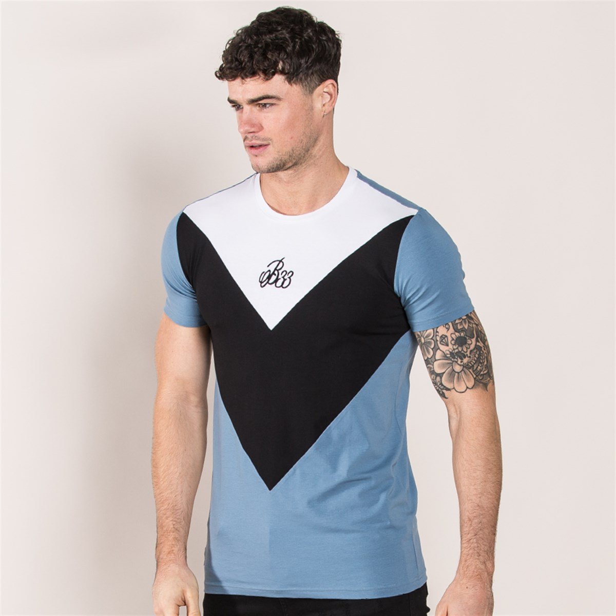 Göğsü Çapraz Şeritli Daigo Long T shırt Siyah-Mavi