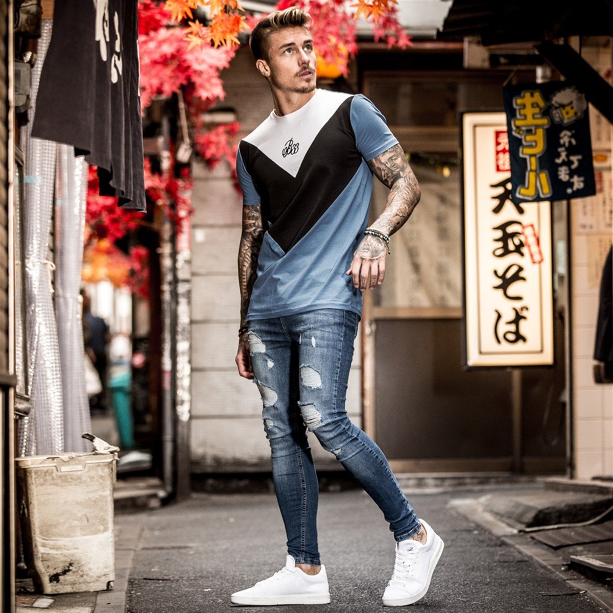 Göğsü Çapraz Şeritli Daigo Long T shırt Siyah-Mavi