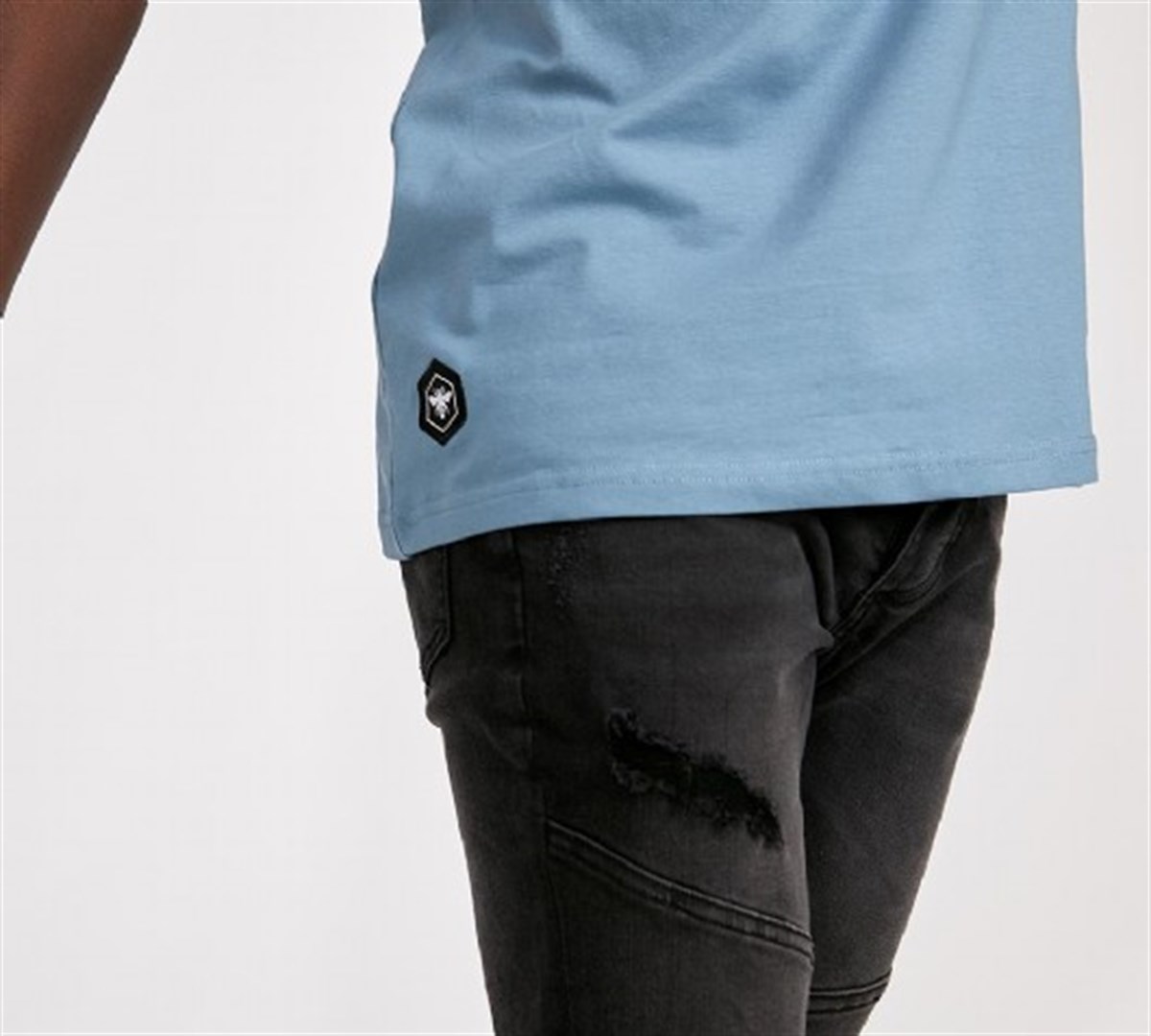 Göğsü Çapraz Şeritli Long T-shırt Mavi Açık