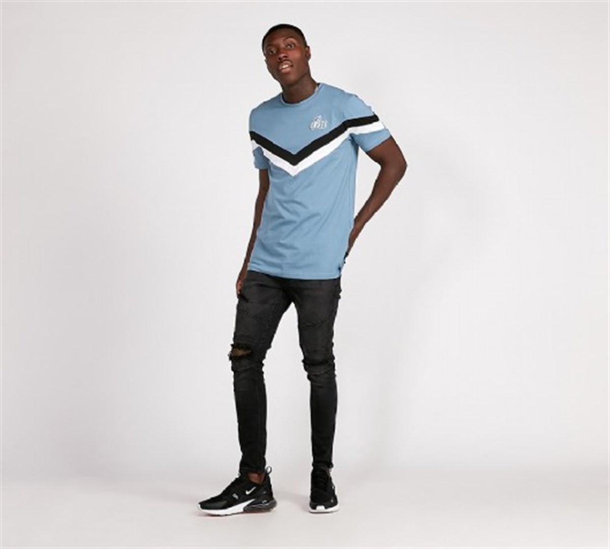 Göğsü Çapraz Şeritli Long T-shırt Mavi Açık