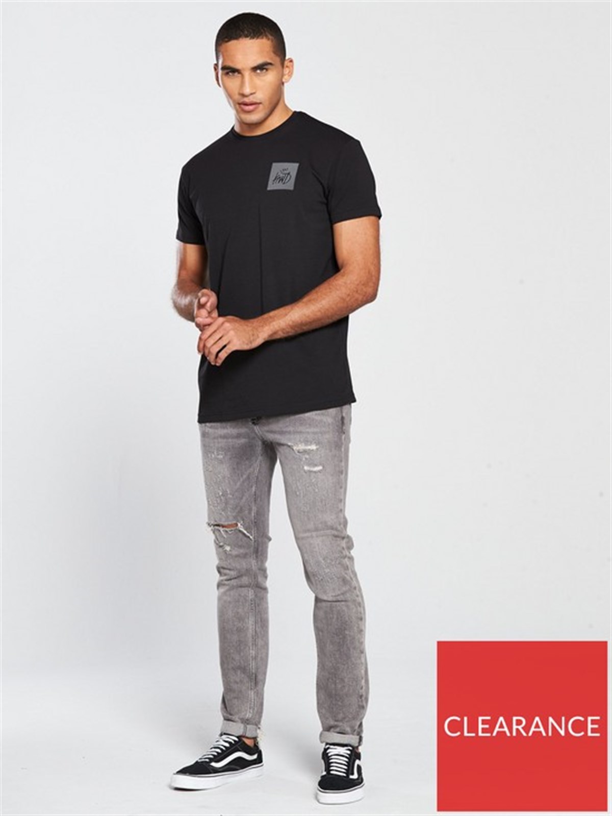 Göğüsü Kare Baskılı  T shirt Siyah