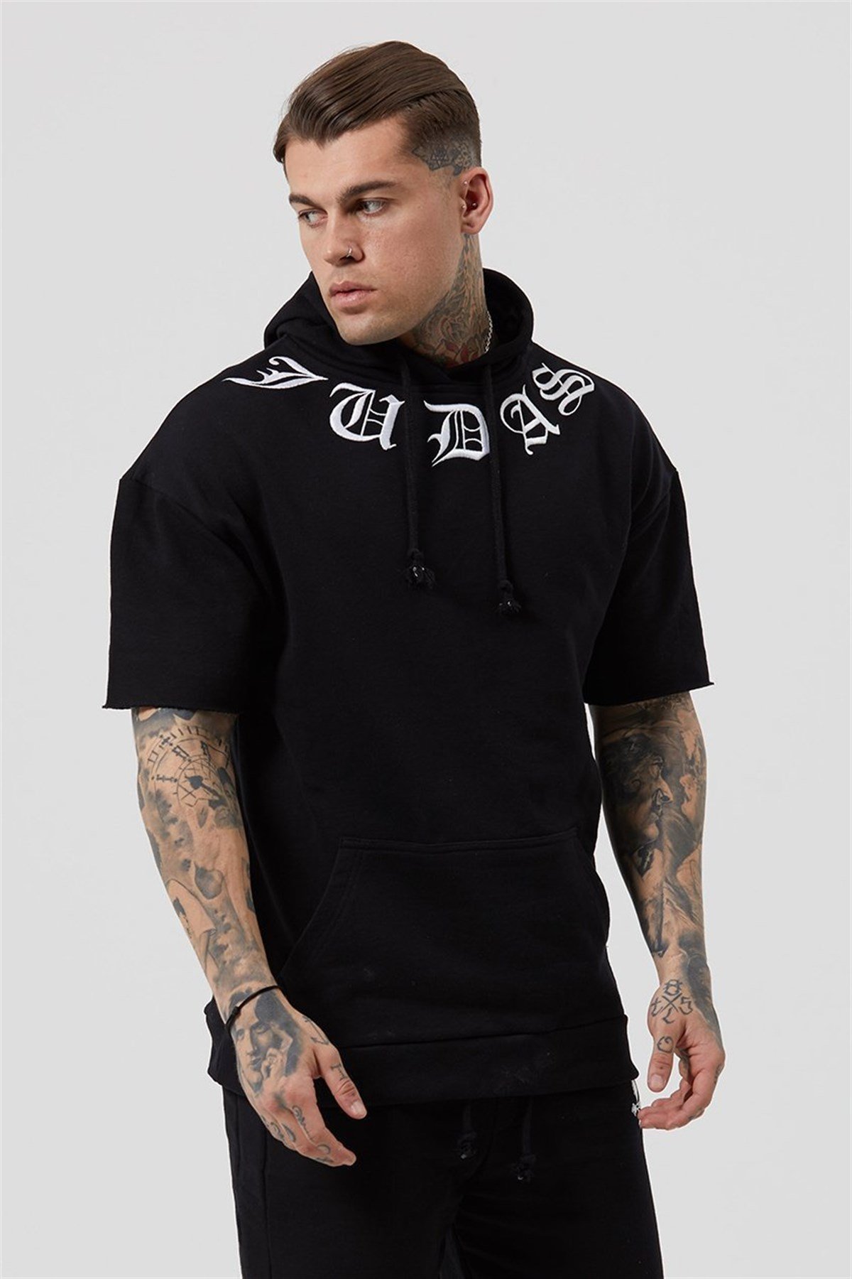 Kısa Kollu Oversize  Kapşonlu Sweat Siyah