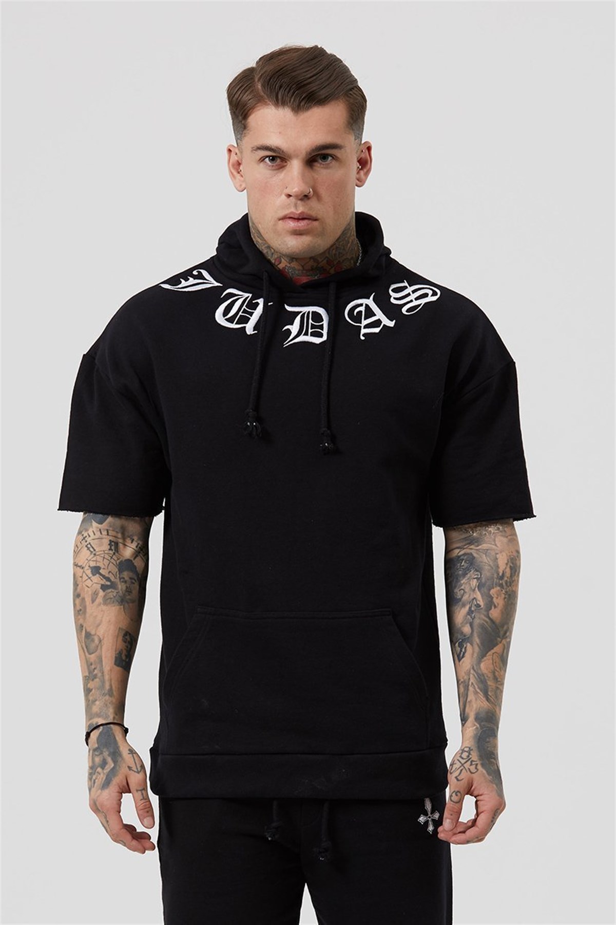 Kısa Kollu Oversize  Kapşonlu Sweat Siyah
