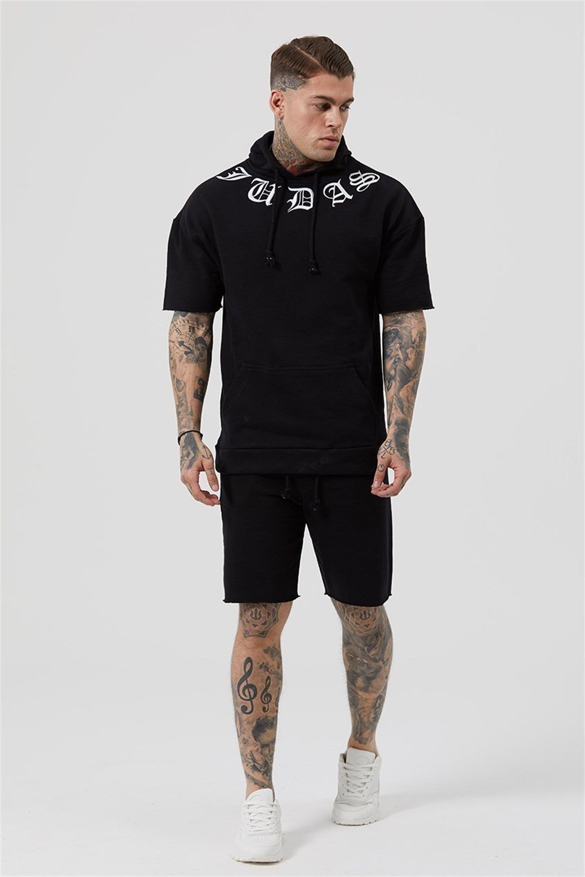 Kısa Kollu Oversize  Kapşonlu Sweat Siyah
