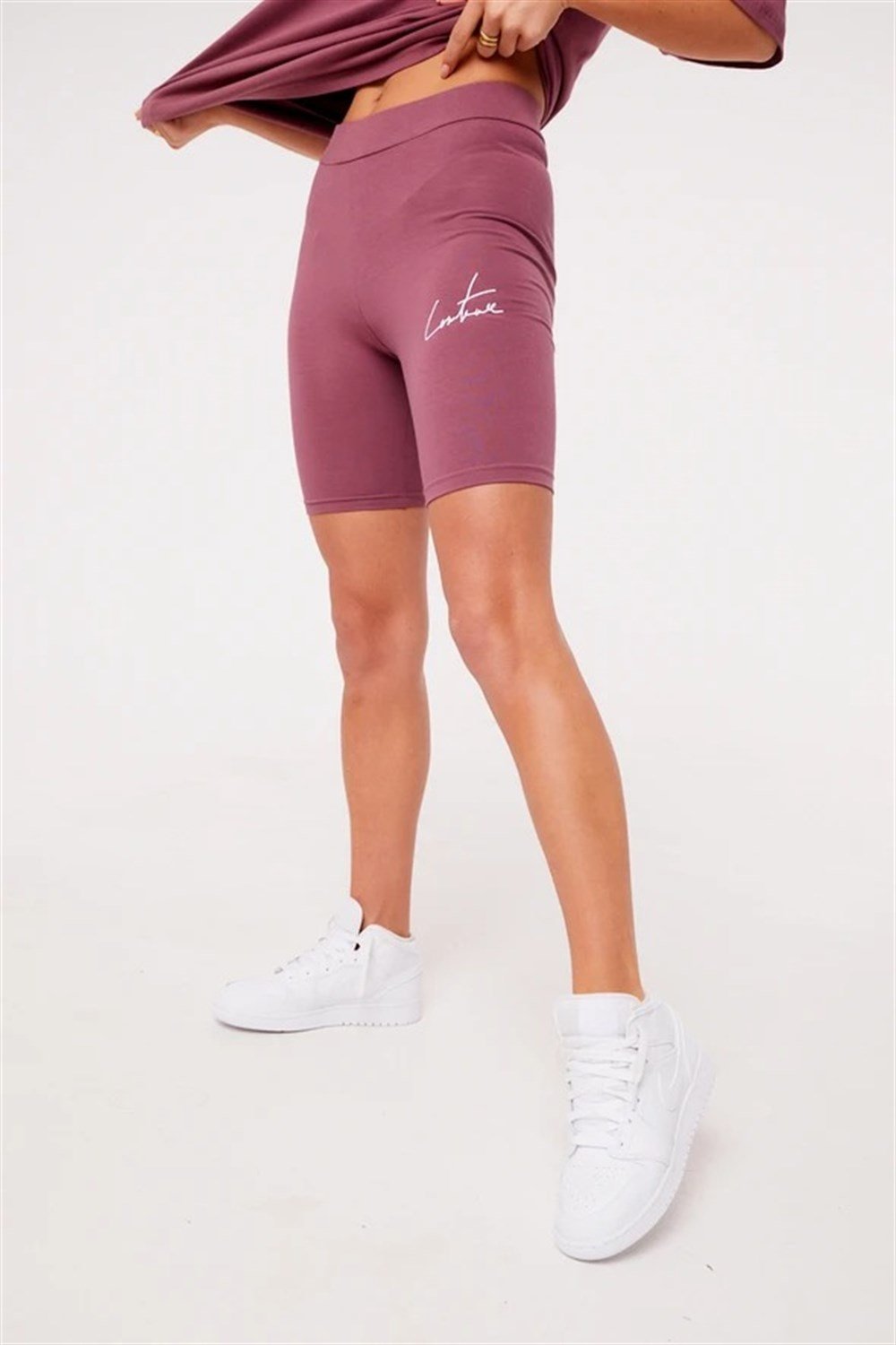 Logolu Penye Kısa Tayt  Şort Gülkurusu