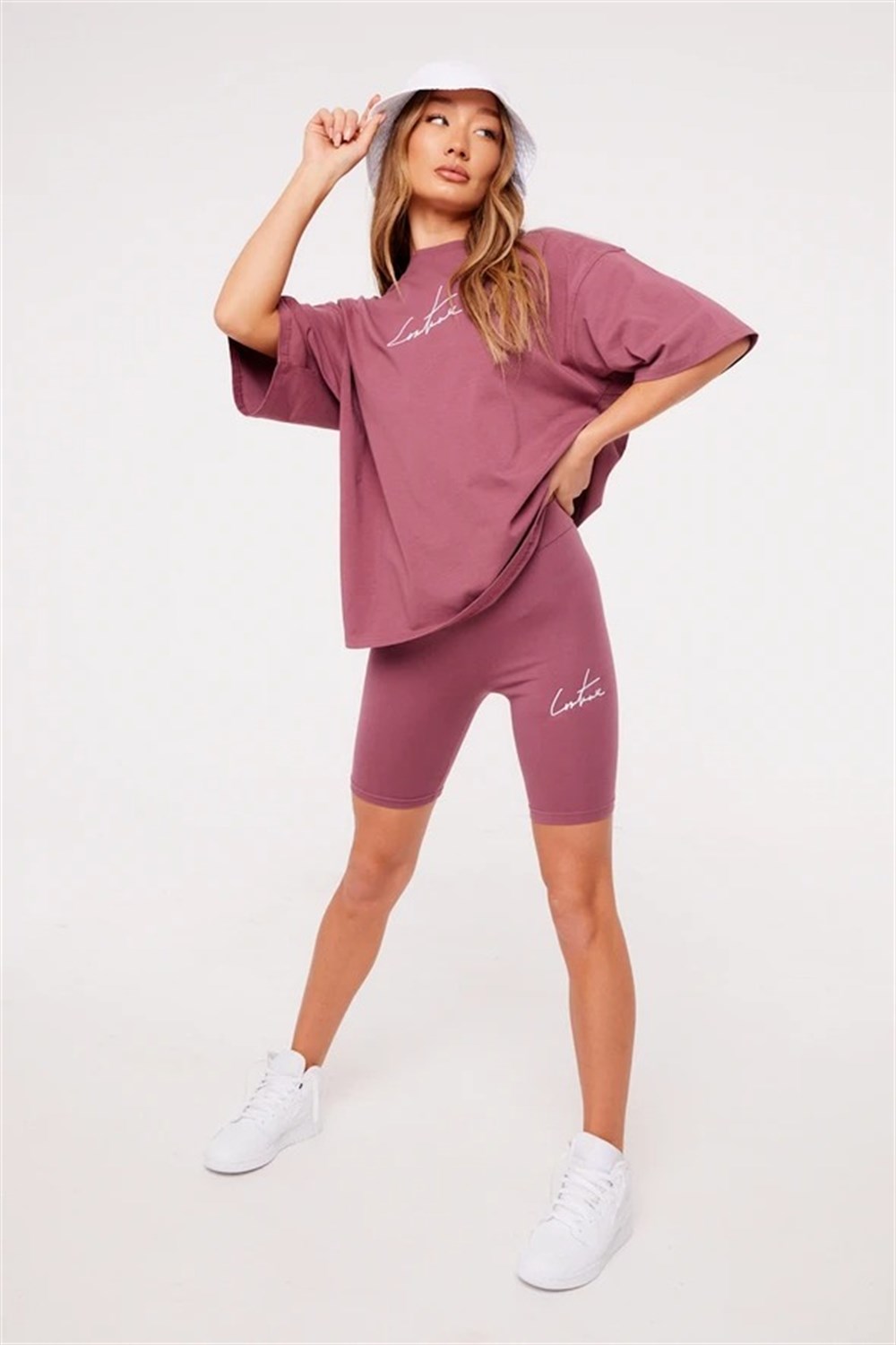 Logolu Penye Kısa Tayt  Şort Gülkurusu