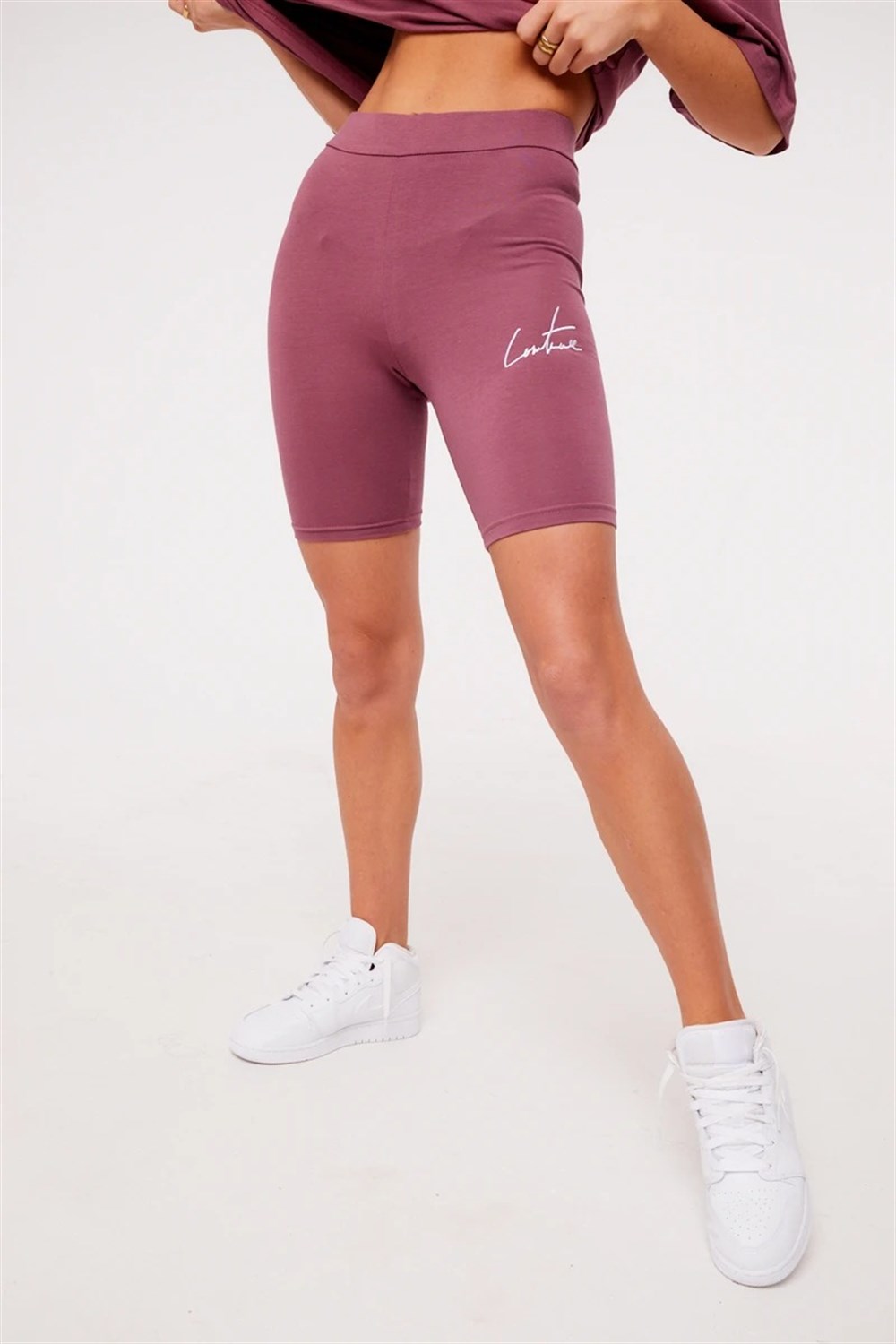 Logolu Penye Kısa Tayt  Şort Gülkurusu