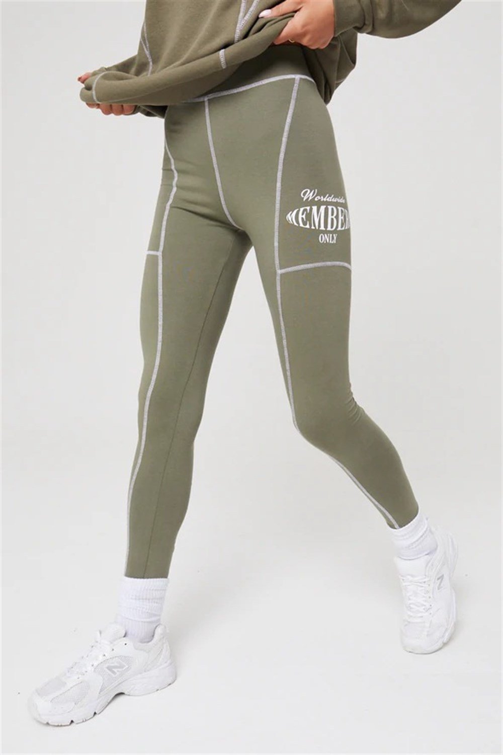 Members Only Overlock Dikişli Tayt Haki