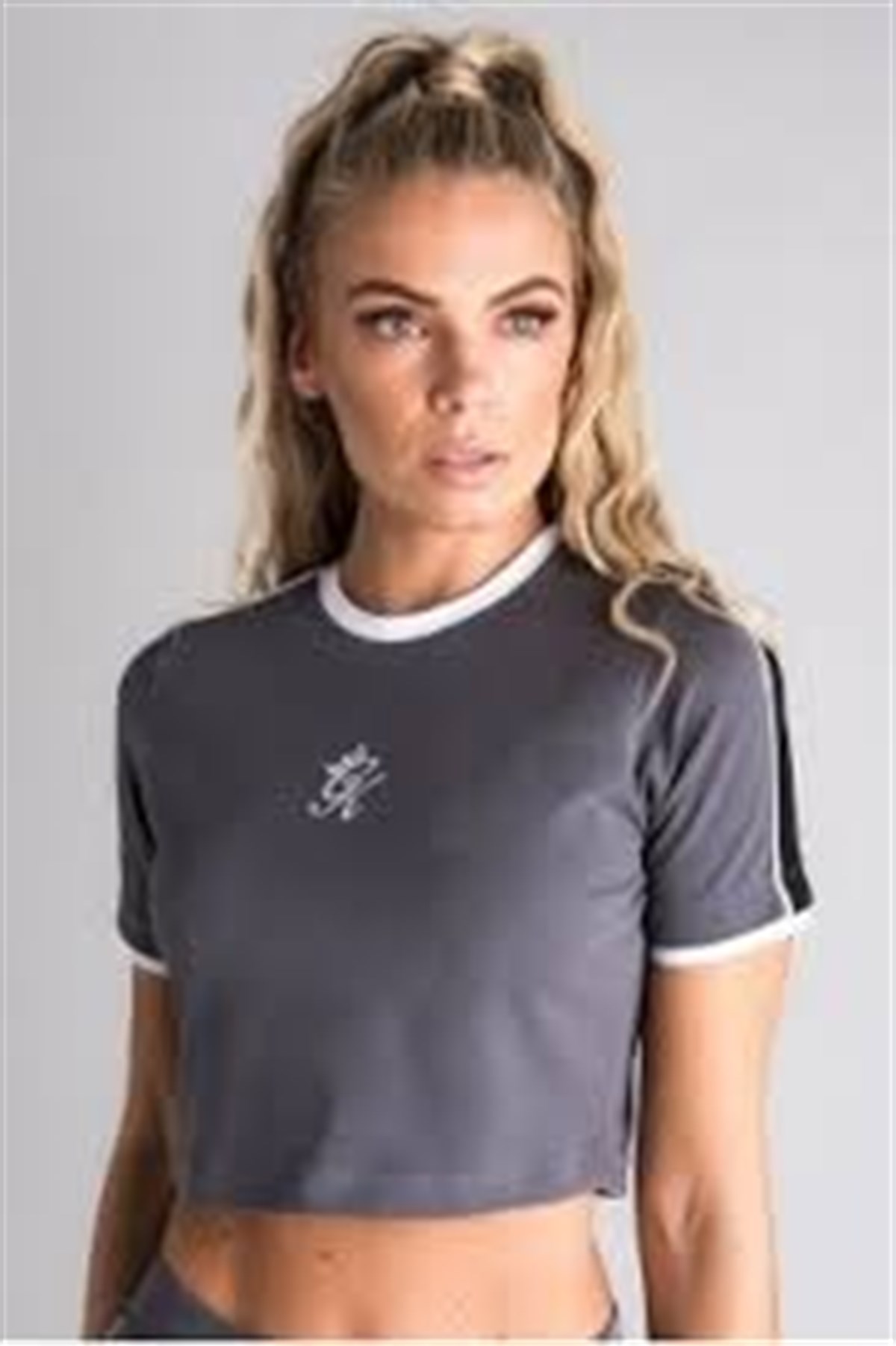 Omuzları Şeritli  Crop  BAsic T Shirt Gri Koyu