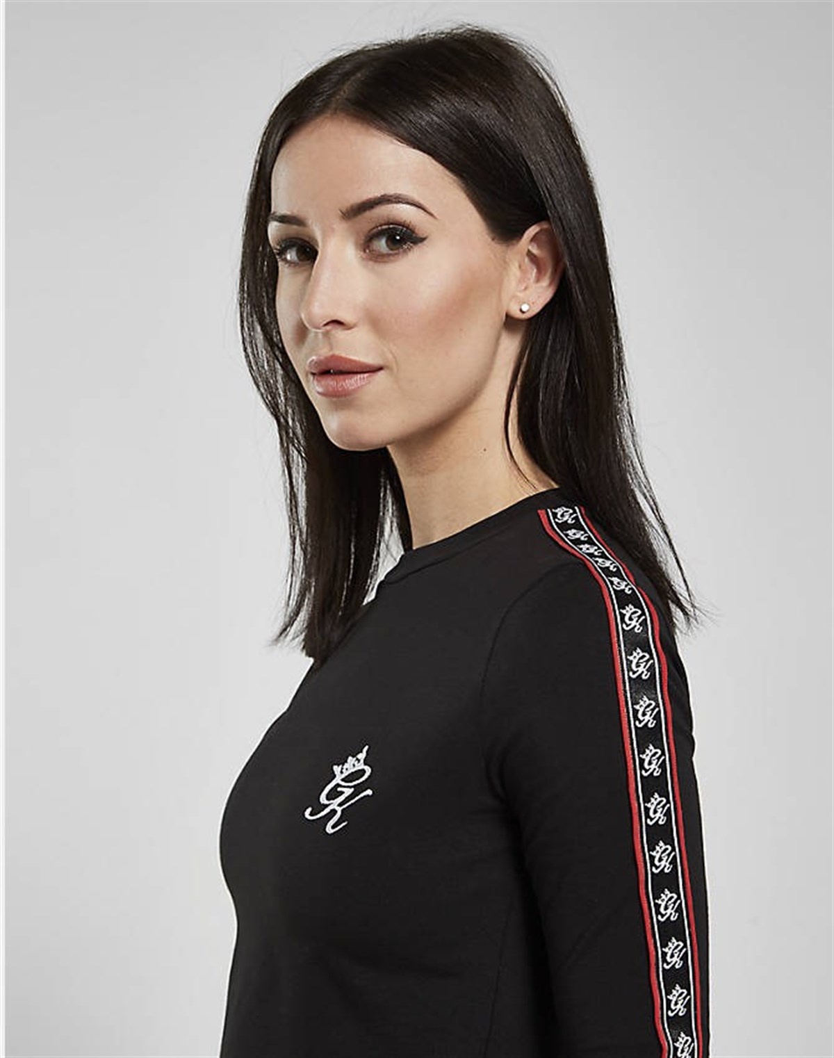 Omuzları Şeritli Crop Sweat Siyah