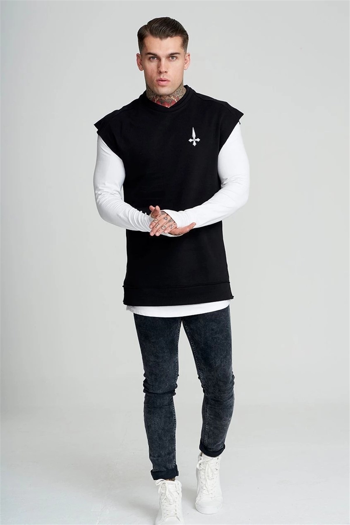 Oversize Arkası Baskılı Kolsuz Sweat Siyah