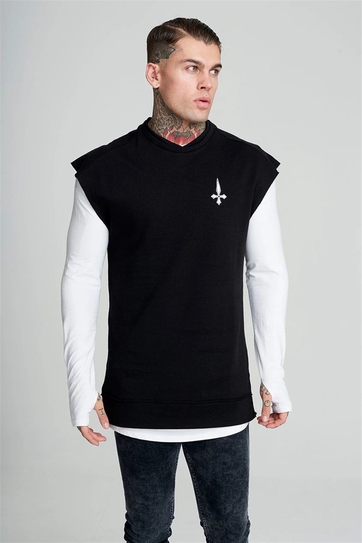 Oversize Arkası Baskılı Kolsuz Sweat Siyah