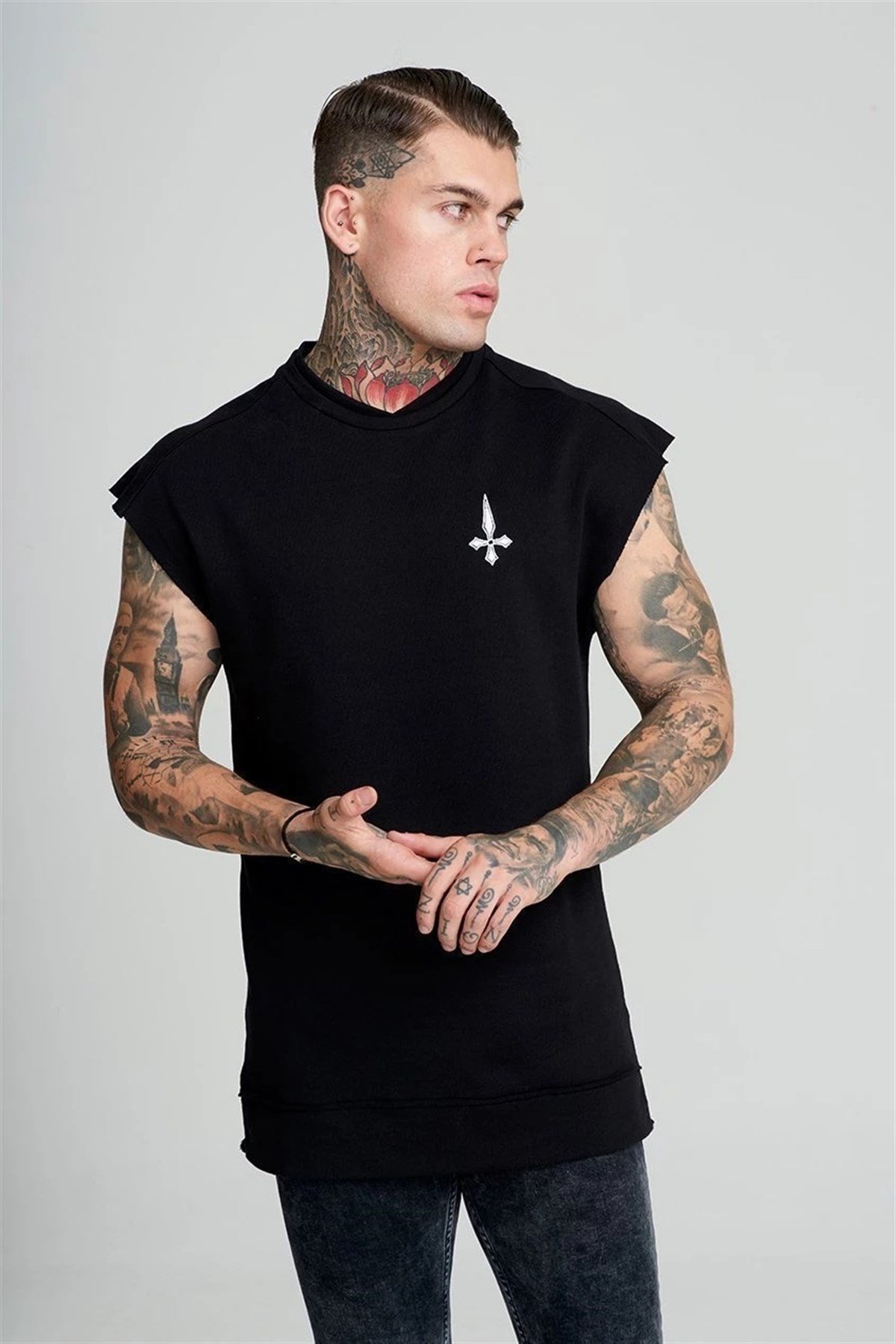 Oversize Arkası Baskılı Kolsuz Sweat Siyah