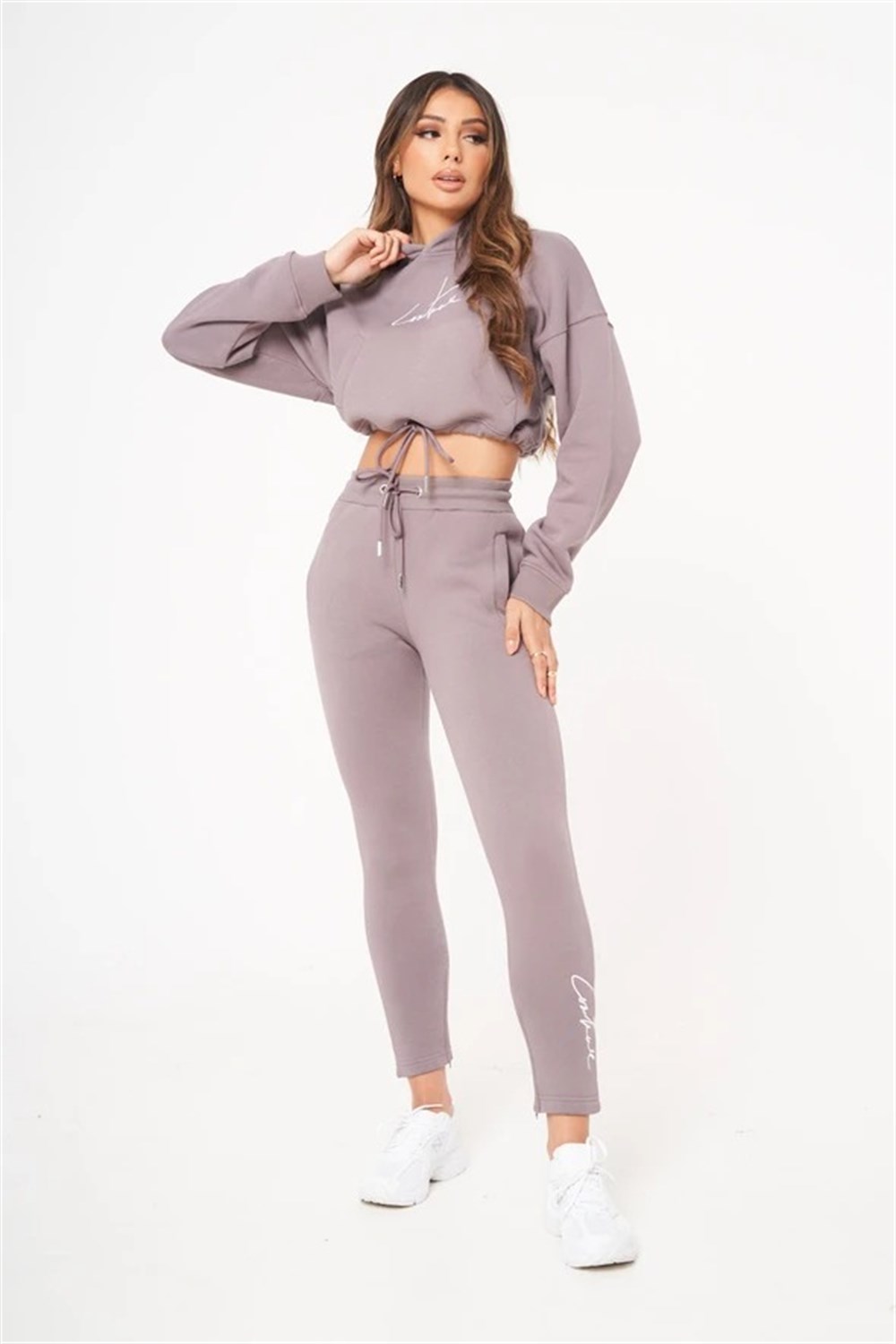 Oversize Cepli Kapişonlu Kısa Crop Sweat Mor