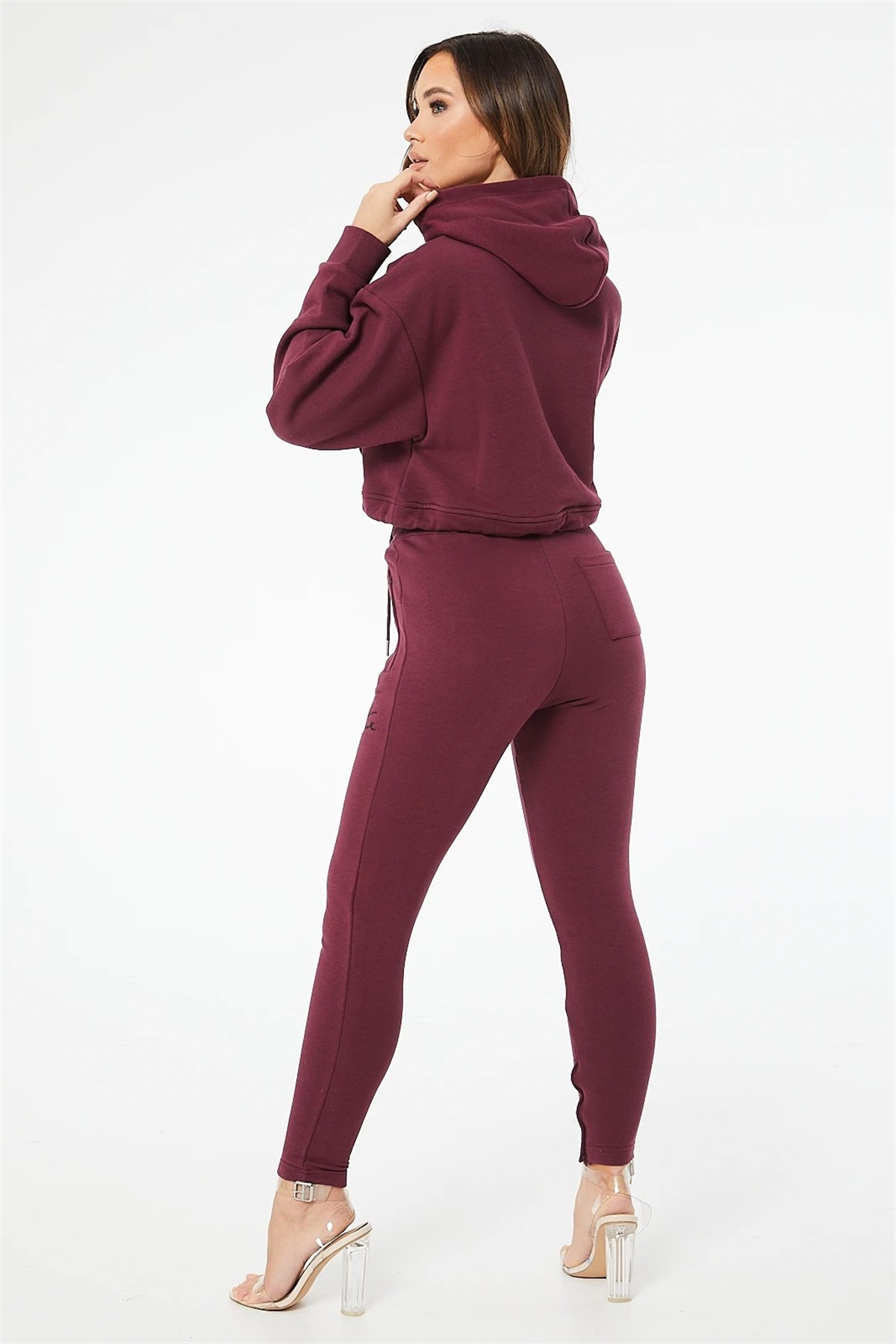 Oversize Cepli Kapişonlu Kısa Crop Sweat Bordo