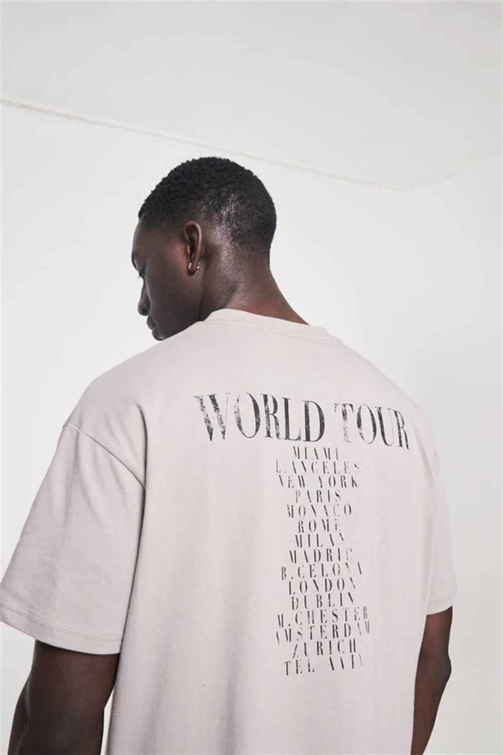 Oversize Deri Baskılı T shirt Bej