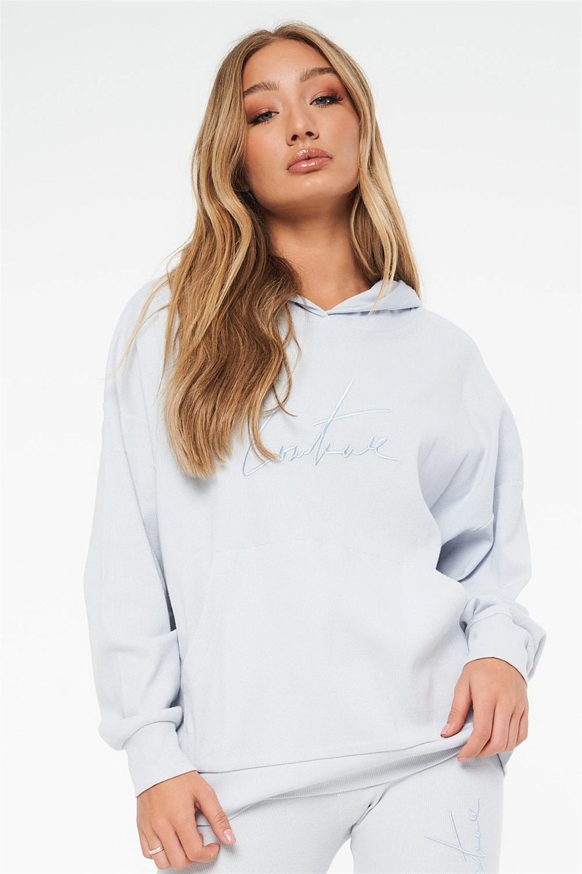 Oversize Fitilli  Kapişonlu  Sweat Mavi Açık