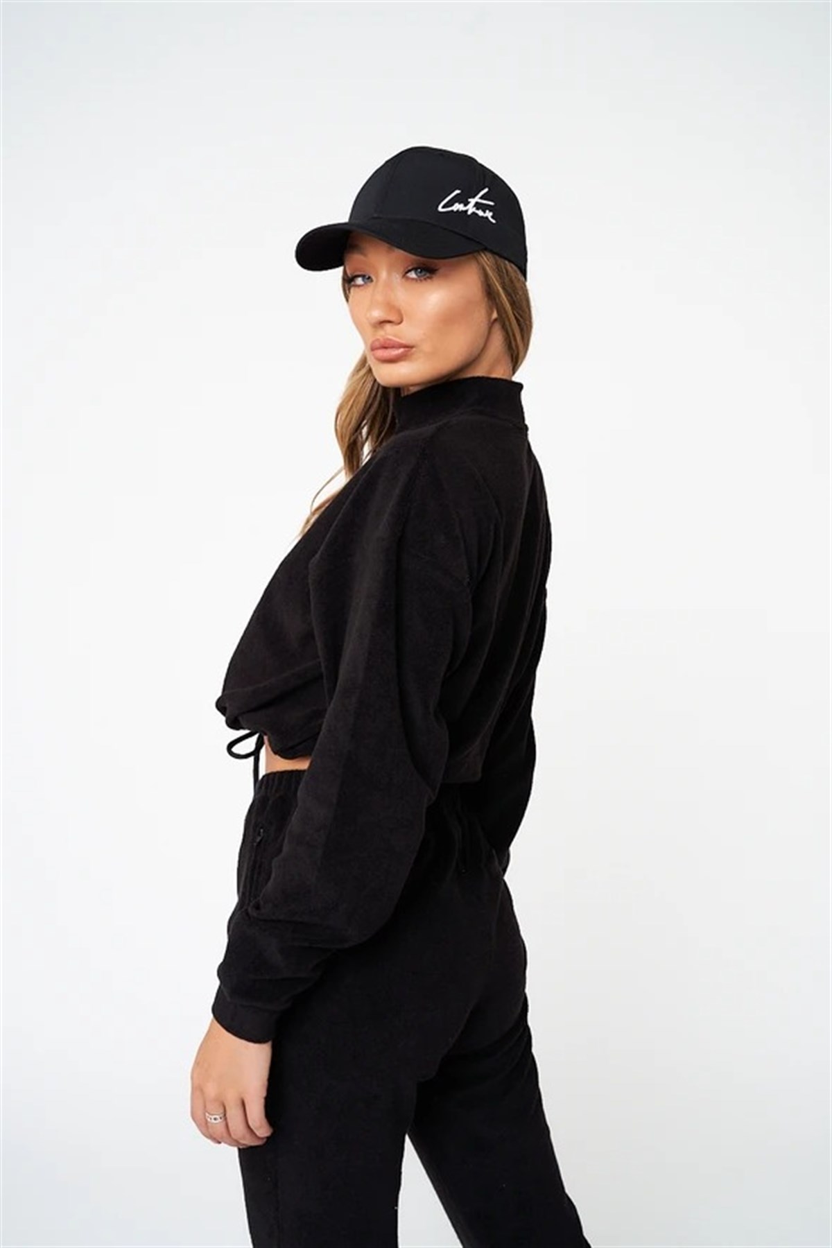 Oversize Havlu Kumaş  Kısa Crop Sweat Siyah
