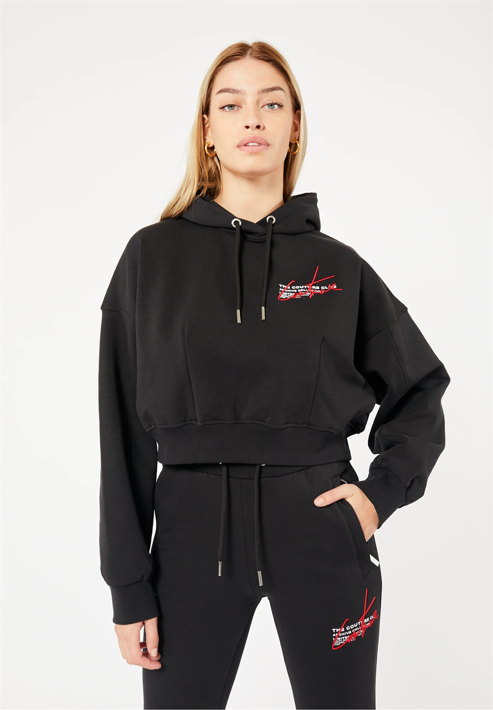 Oversize İmza Nakışlı Kısa Crop Sweat-Siyah-Kaplama