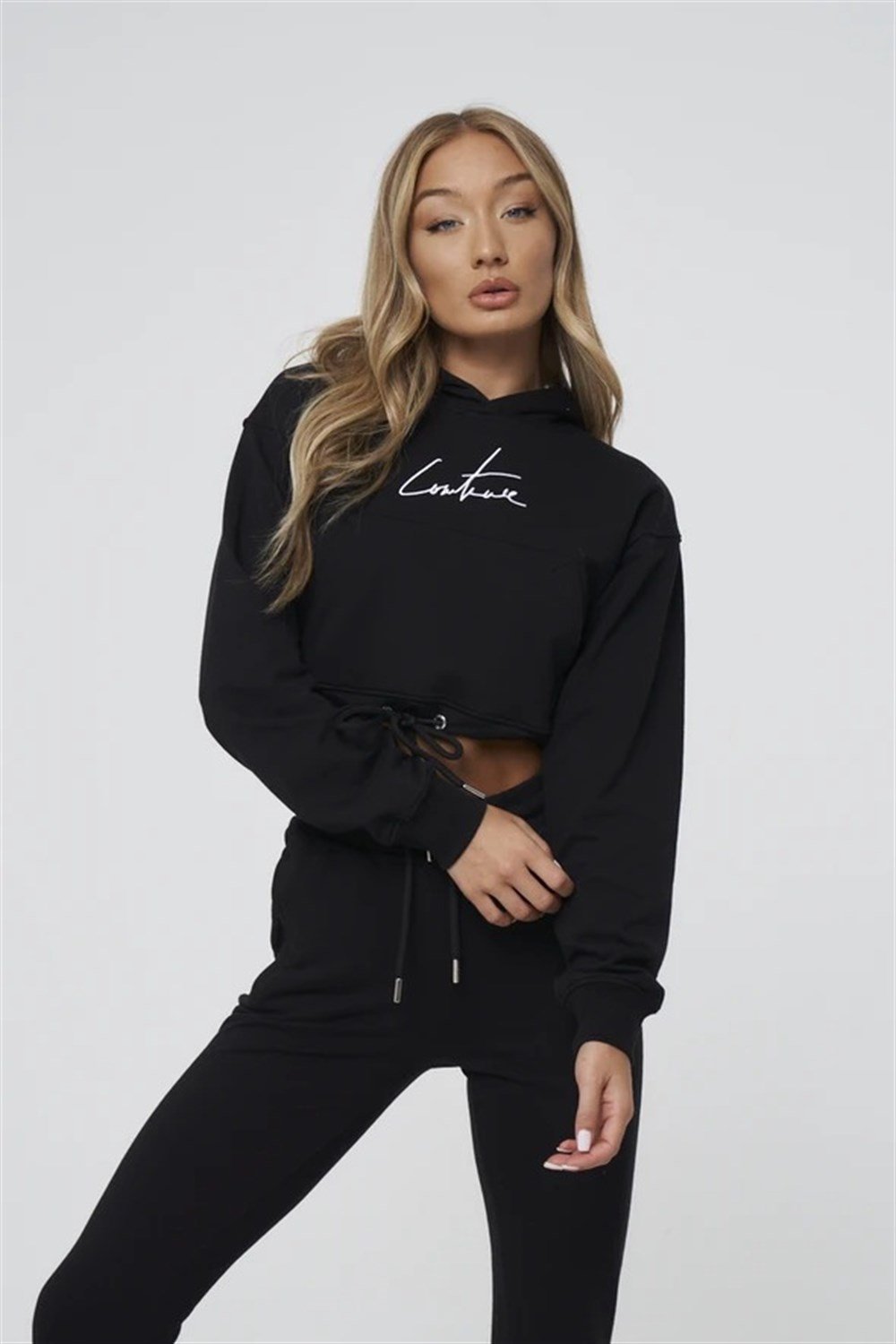 Oversize İmza Nakışlı logolu  Kısa Crop Sweat Siyah