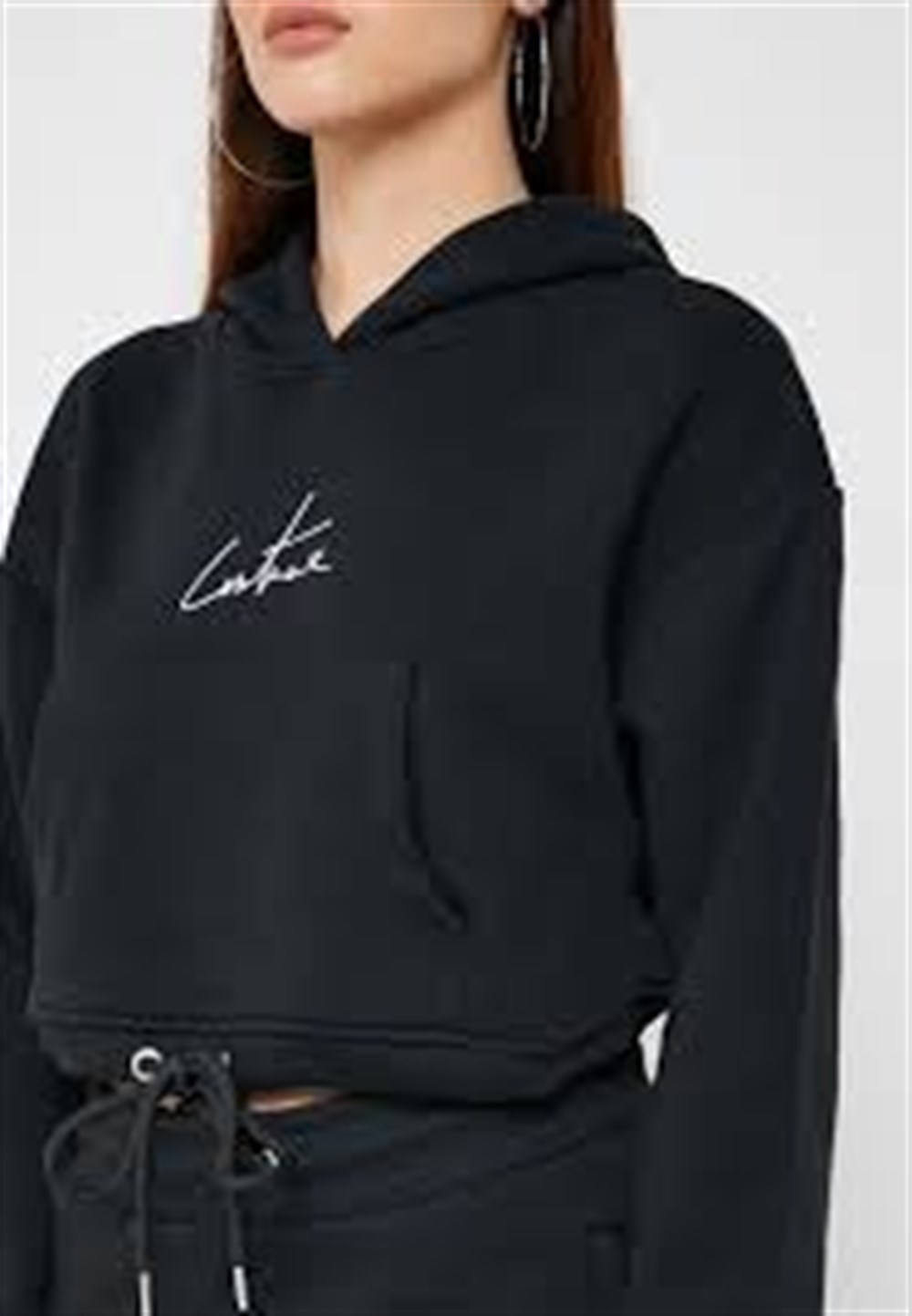 Oversize İmza Nakışlı logolu  Kısa Crop Sweat Siyah