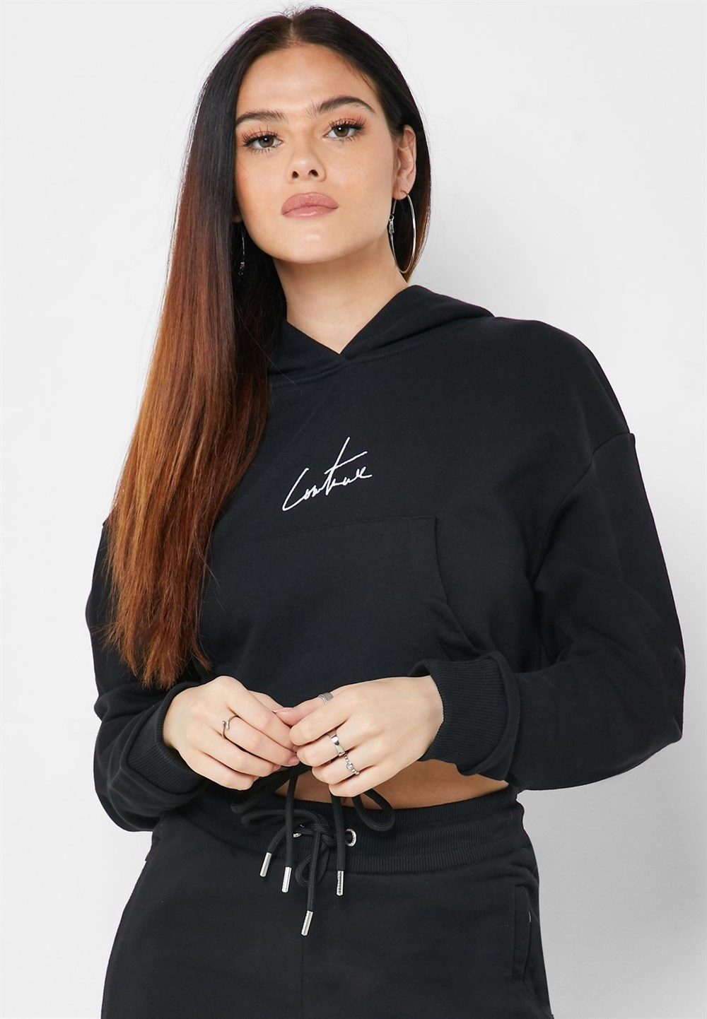 Oversize İmza Nakışlı logolu  Kısa Crop Sweat Siyah