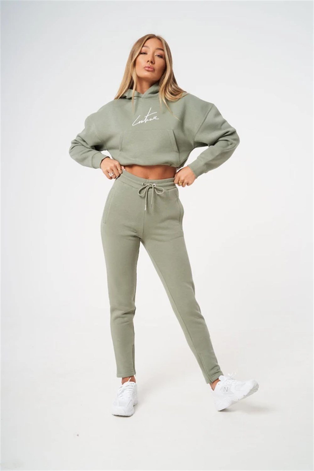 Oversize İmza Nakışlı logolu  Kısa Crop Sweat Haki