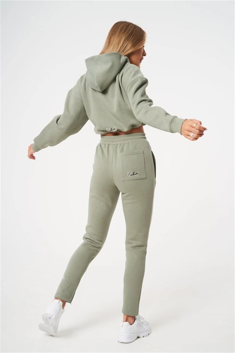 Oversize İmza Nakışlı logolu  Kısa Crop Sweat Haki