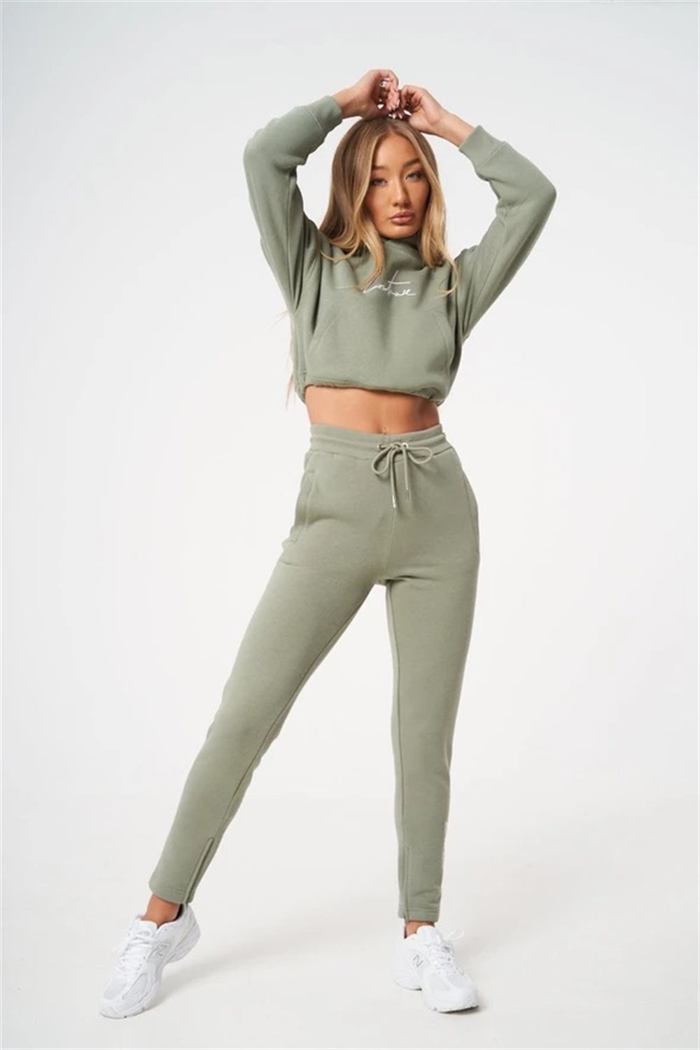 Oversize İmza Nakışlı logolu  Kısa Crop Sweat Haki