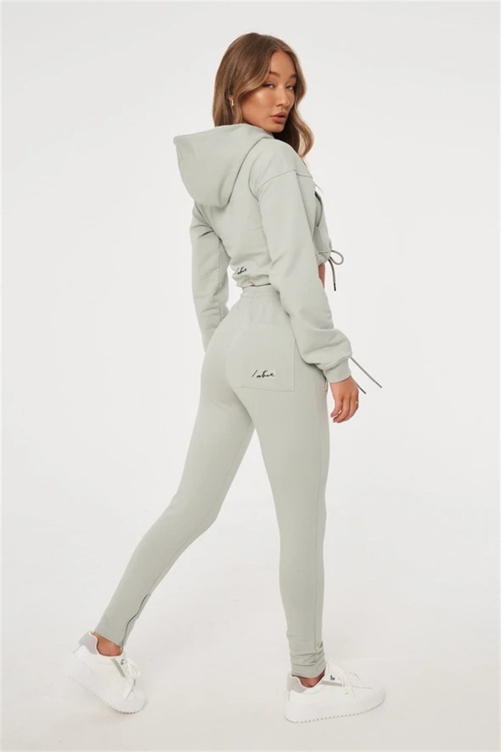 Oversize İmza Nakışlı logolu  Kısa Crop Sweat Su Yeşili