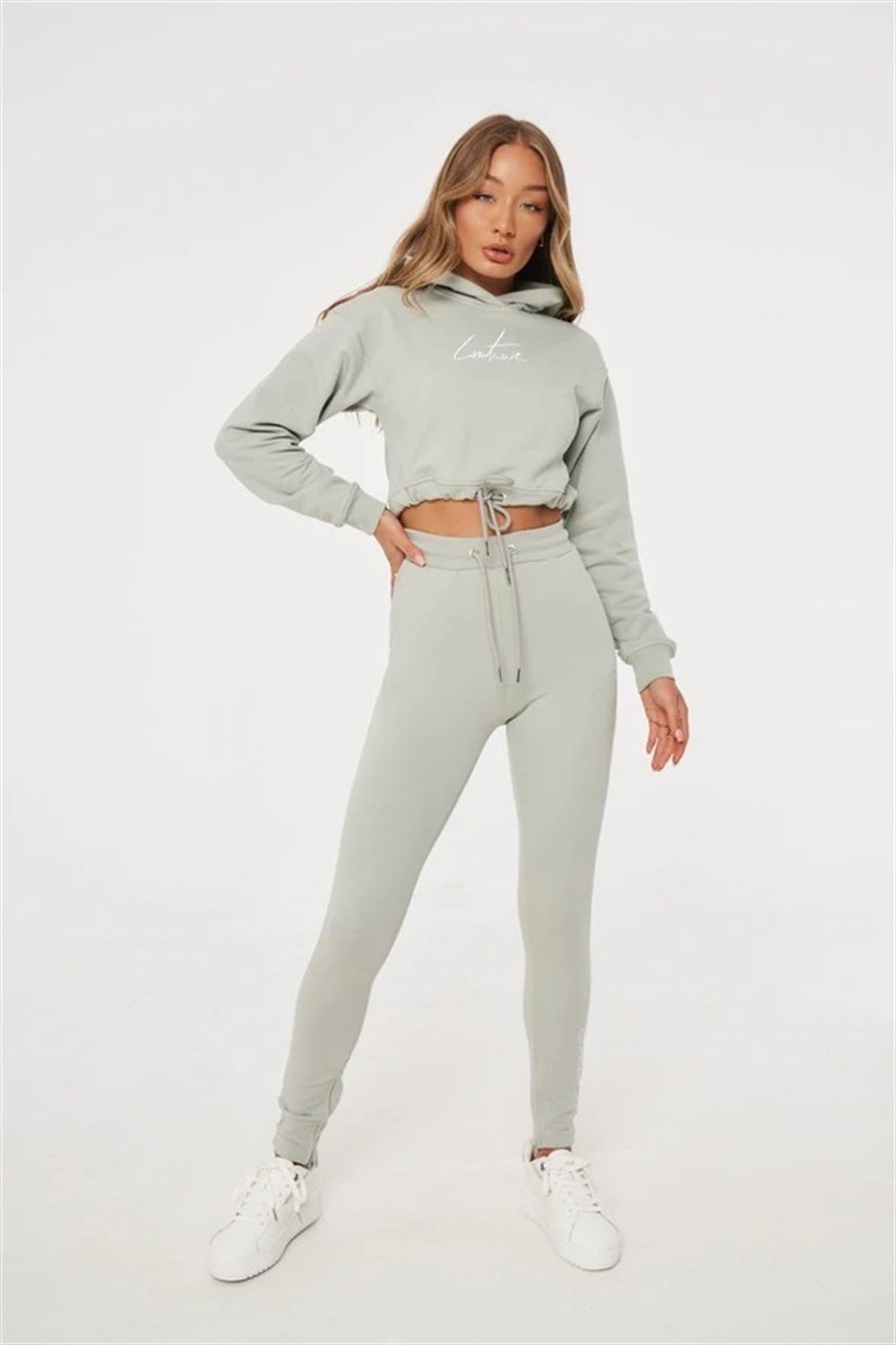 Oversize İmza Nakışlı logolu  Kısa Crop Sweat Su Yeşili